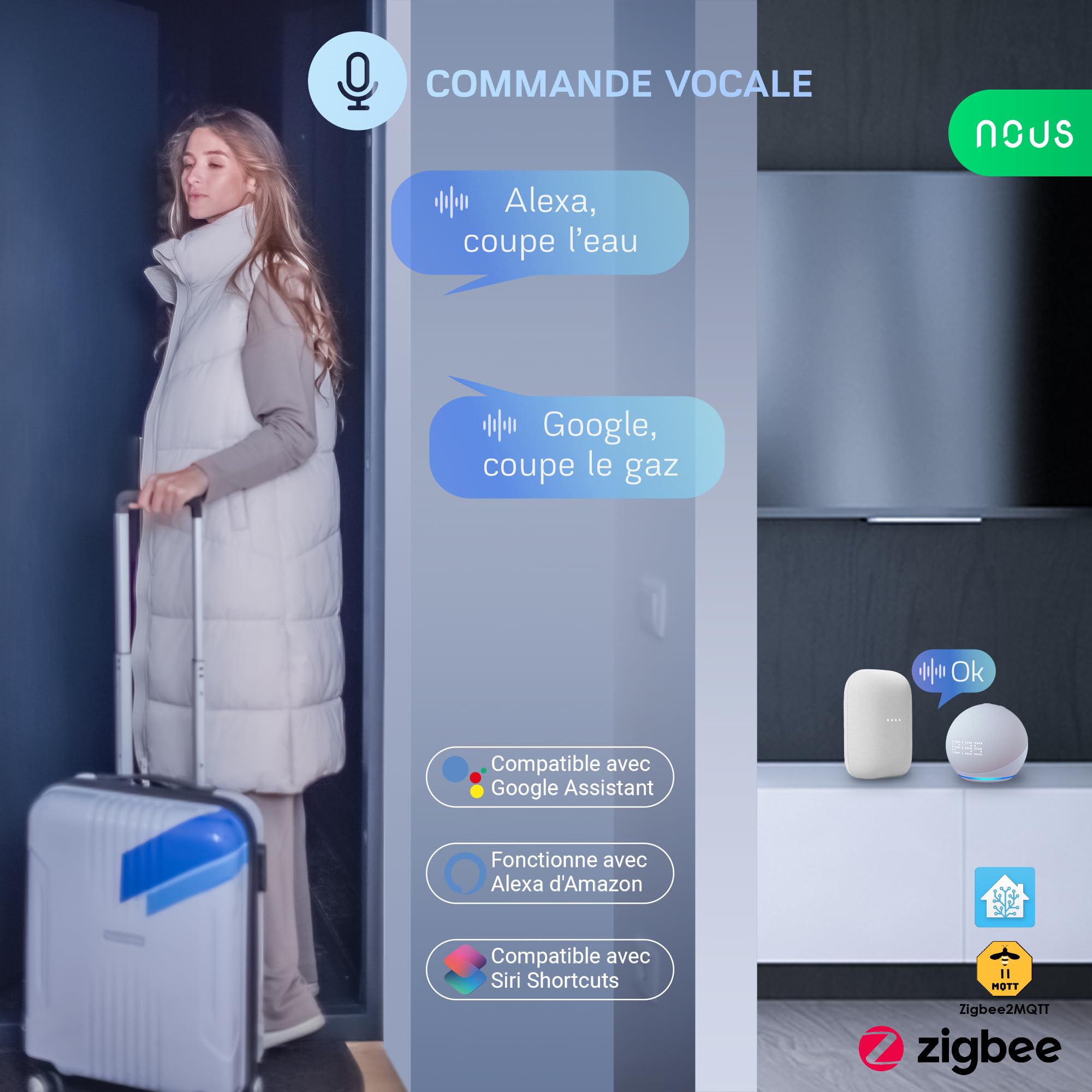 NOUS LZ3 Vanne d'eau ZigBee Compatible Google Assistant Alexa Tuya Smart Life Programmateur Irrigation