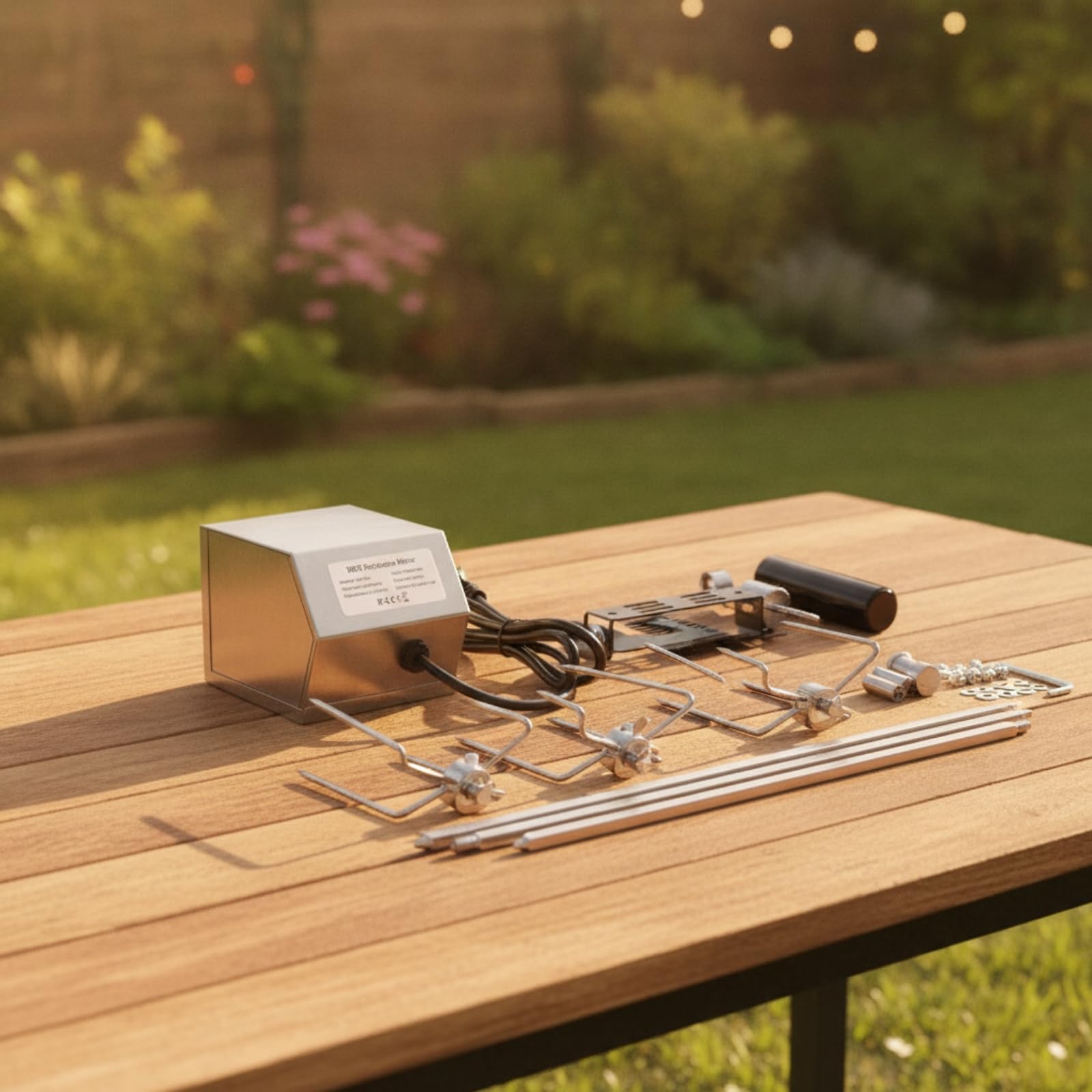 Asador Giratorio Eléctrico Kit Rotisserie Parrilla Barbacoa Motor Acero Inoxidable Ajuste Modular Varillas 42cm 35cm Rotación Estable Adecuado para Camping Aire Libre Jardín