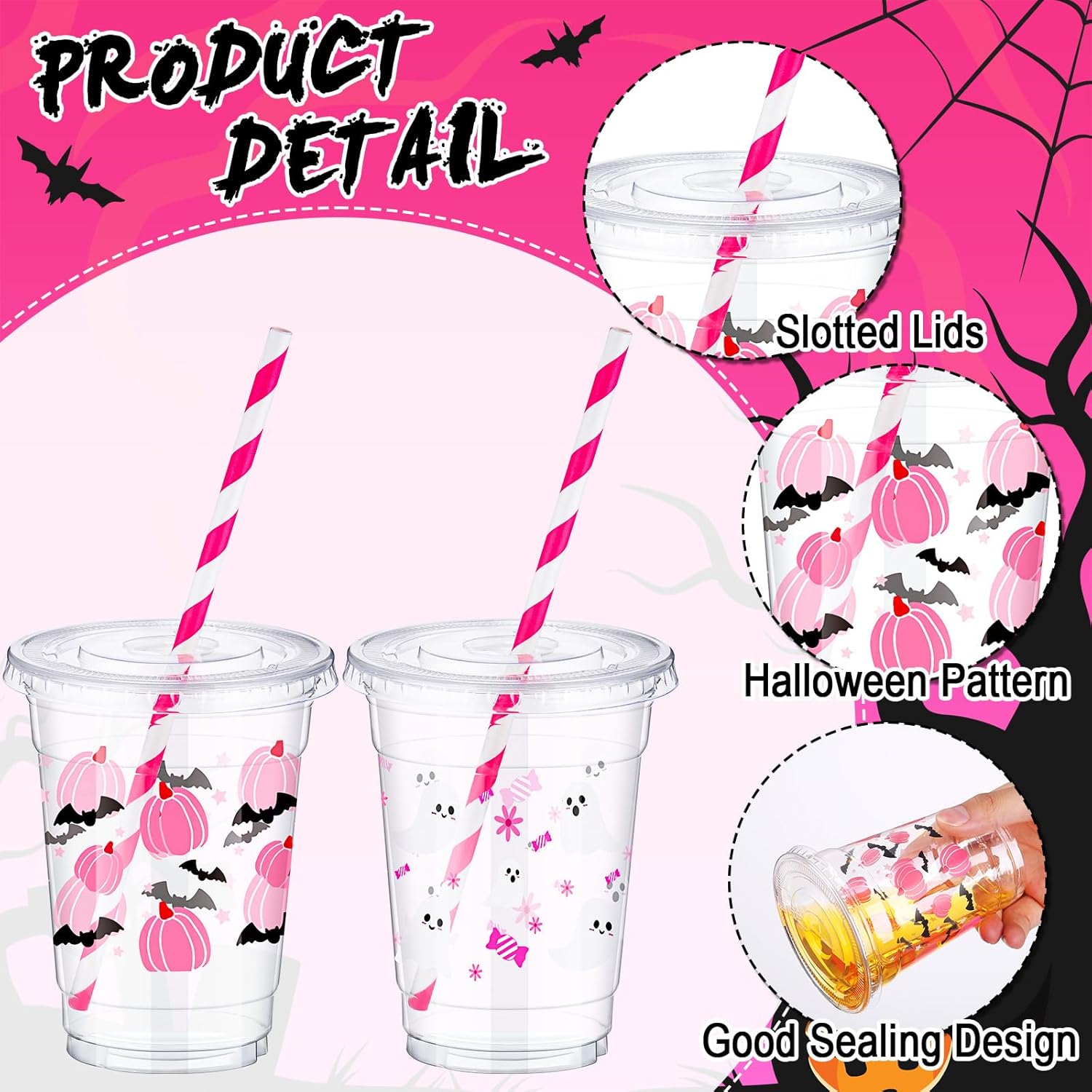 Yaomiao 300 Pcs 12 oz Halloween Plastic Cups with Lids and Straw Halloween Plastic Cup Disposable Clear Tumbler Whiskey Tumbler Pink Pumpkin Ghost Bat Witch Drinking Set for Party Supply - Image 6