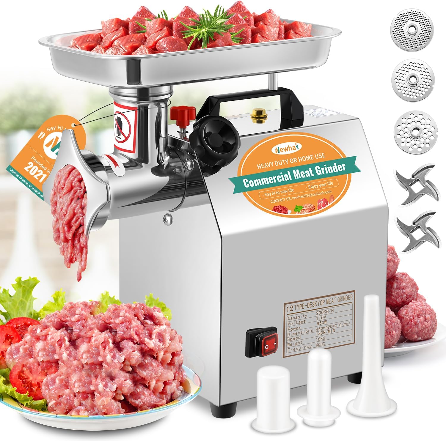 Newhai 1.3HP Commercial Meat Grinder Electric Meat Grinding Machine Heavy Duty Industrial Meat Mincer Sausage Stuffer 3/6/8mm Grinding Plates Grinding Chicken Bones for Restaurant 950W 110V US
