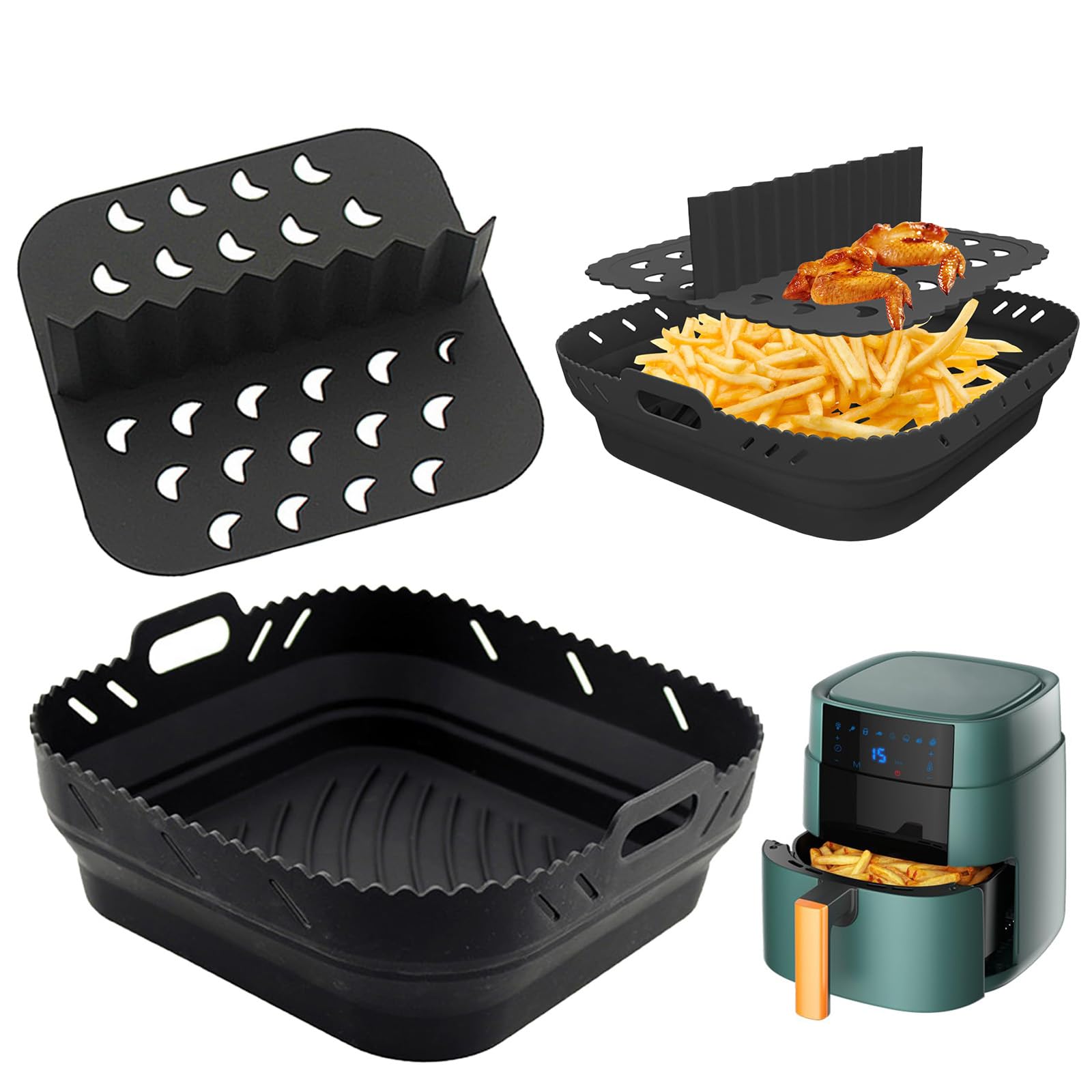 Silicone Air Fryer Liner with Divider for Ninja Speedi & COSORI Air Fryers - Reusable Accessories for Instant Vortex & Tefal Air Fryer (Black)