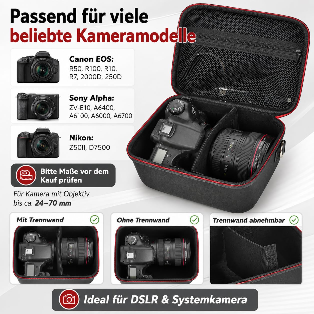 Boobowl Kameratasche kompatibel mit Canon EOS R50 R100 R10 R7 2000D 250D, Sony Alpha ZV-E10 A6700 A6400, Nikon Z50II D7500, Hartschalen-Fototasche mit Schultergurt und 6 Steckfächern - Schwarz