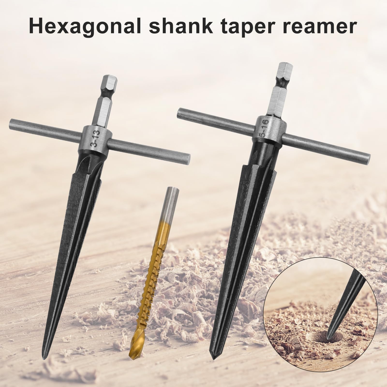 Xfopz 5pcs Tapered Reamer Tool Set, 3-13mm (1/8''-1/2'') & 5-16mm(1/2"-5/8") Bridge Pin Hole Hand Reamer Tool Detachable T-Handle Tapered Reamer for Guitars Wood Plastic PVC Pipes Cutting - Image 3 thumbnail