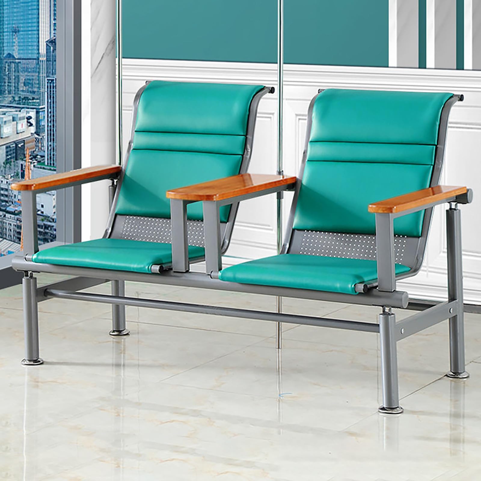 Waiting Room Chairs,Premium Phlebotomy Chair with Armrests, Comfortable Leather Infusion Chair, 2-Seat Waiting Room Bench with IV Pole, Ideal Reception Seating for Lobbi(B-green-wooden Armrest)