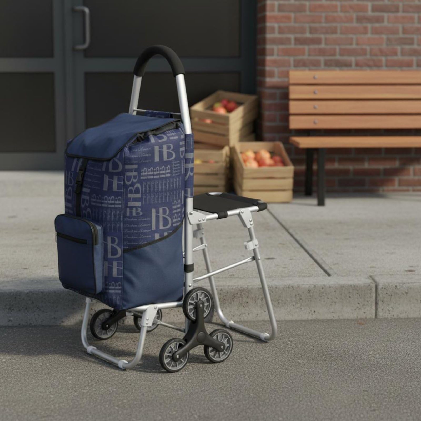 kowaku Carrello Pieghevole con Sedile Trolley per Sedia Pieghevole con Struttura Robusta in Alluminio Tessuto Oxford Resistente Funzione di Supporto Durante, Blue, Flat Ground