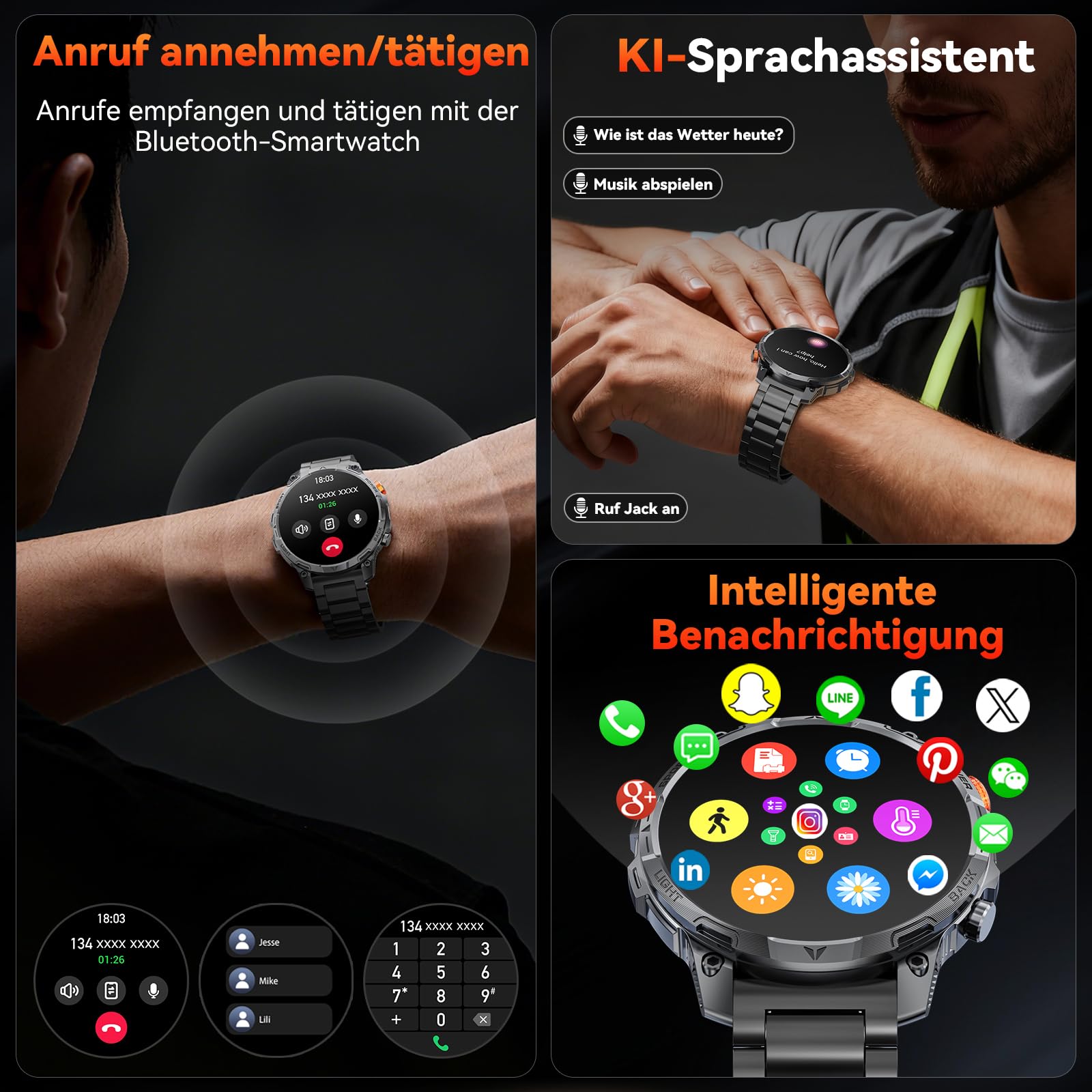 Militär Smartwatch Herren, mit1000-mAh-Akku/2 Armbändern/1,75" HD Großes Display Sportuhr/110+ Sportmodi Fitnessuhr/LED Taschenlampen/24/7Herzfrequenz/Schlafmonitor/IP68 Wasserdicht für iOS Android