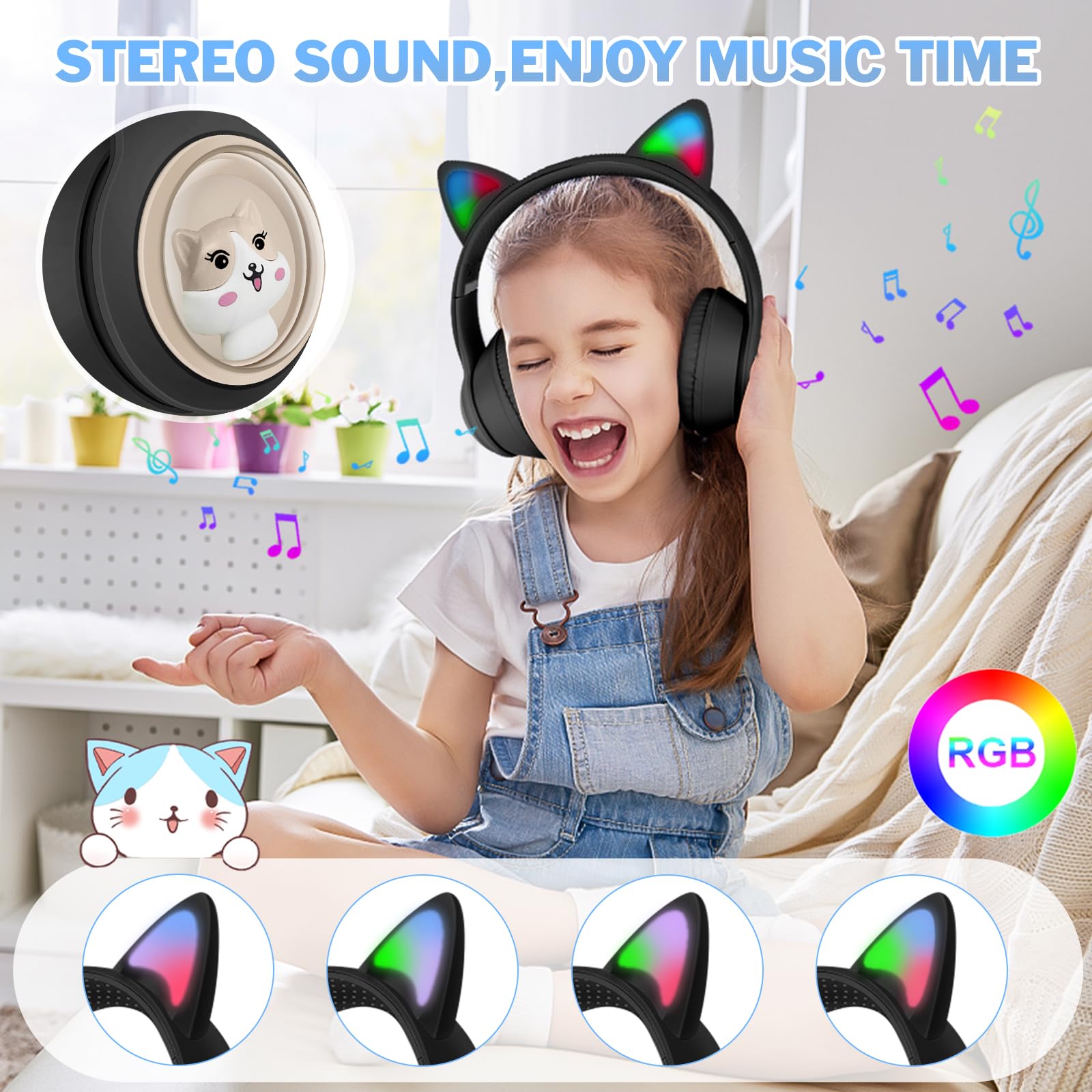 Auriculares inalámbricos para niños, Auriculares Cat Ear con Luces LED para niños/niños/niñas/niños de 3 años en adelante, Auriculares Bluetooth para niños Plegables con micrófono para Kindle