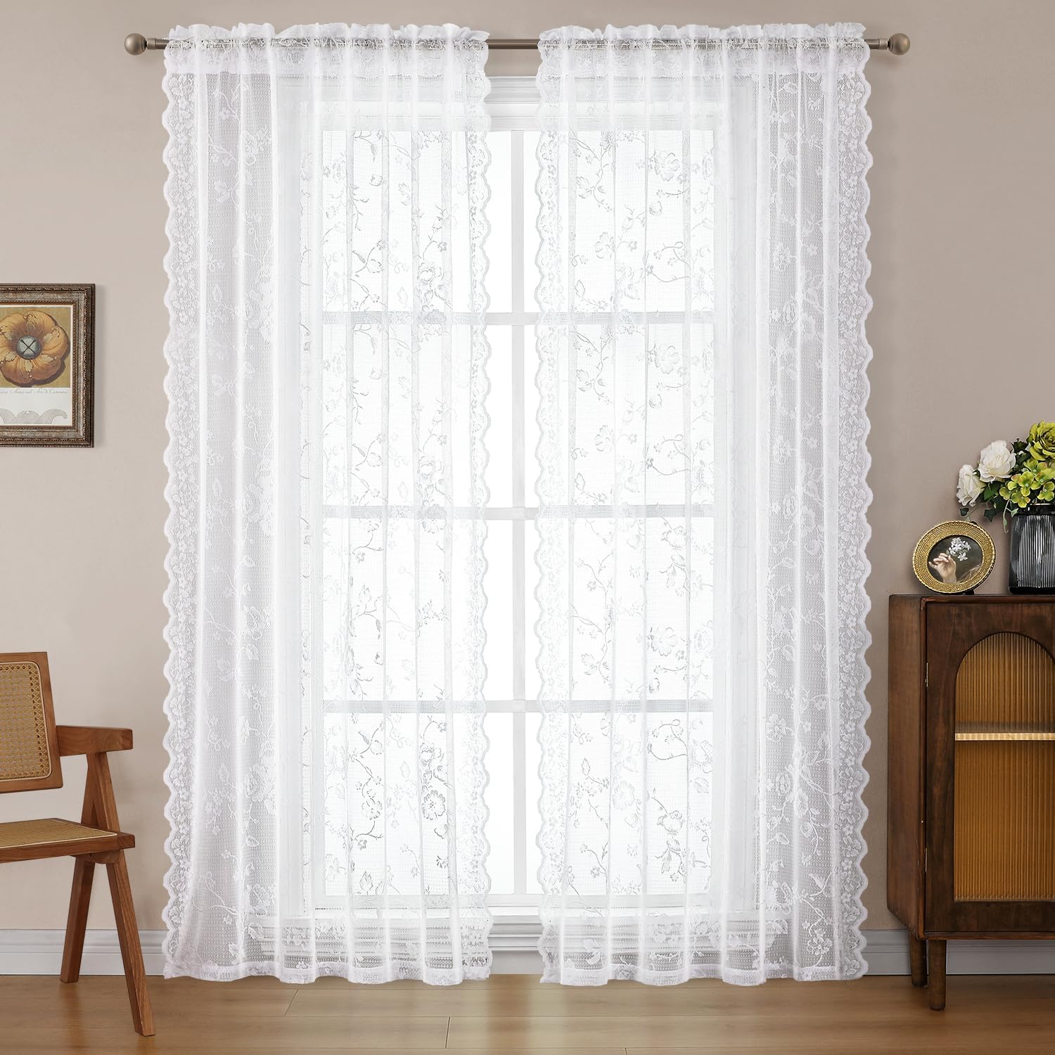HOMEIDEAS White Vintage Sheer Lace Curtains for Bedroom Elegant Victorian Curtains 84 Inch Length for Living Room Romantic Floral Rod Pocket French Window Drapes, 2 Panels, 52 X 84 Inch
