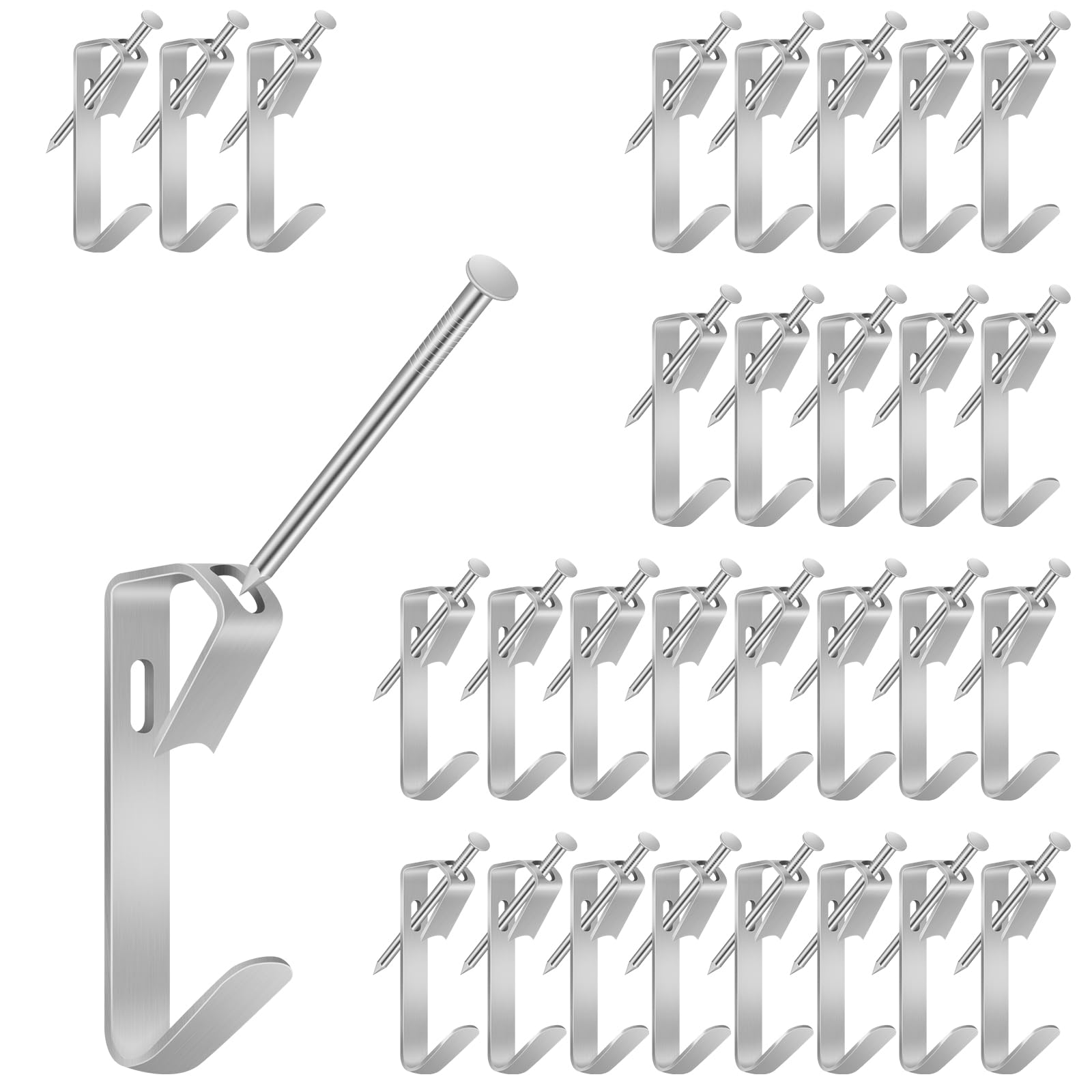 Kit per appendere quadri, 100 pcs Ganci per quadri resistenti, Gancis per cornici con chiodi, Kit di Gancis Cornice per Pareti Dure reggono 30 libbre (30LB), per pareti dure,ufficio,casa,argento