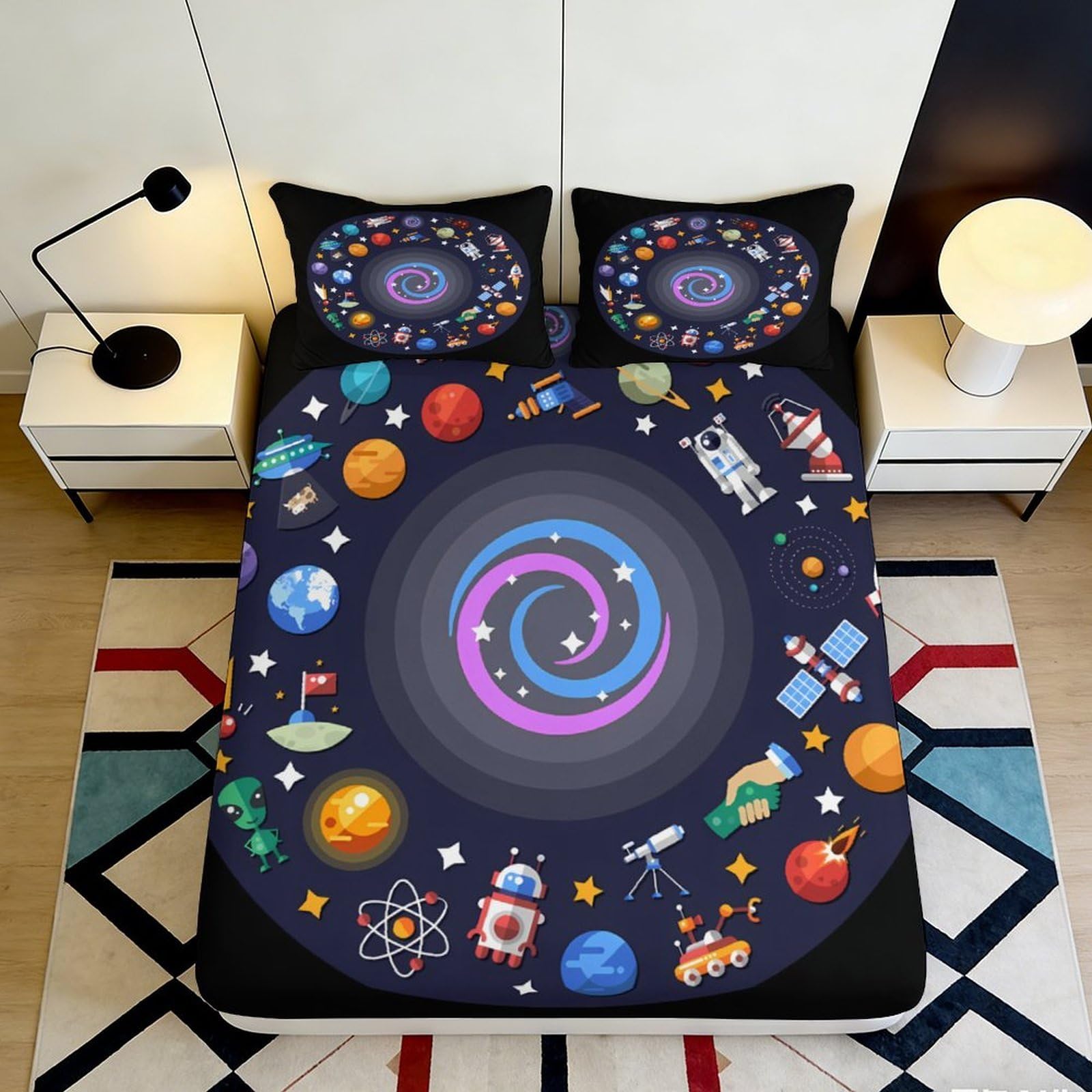 Qjzxknhpgr Style-2 3D Printed Solar System Fitted Sheet Microfiber Soft Galaxy Planets Mattress Cover Bedroom Dorm Decor 90X200x25cm
