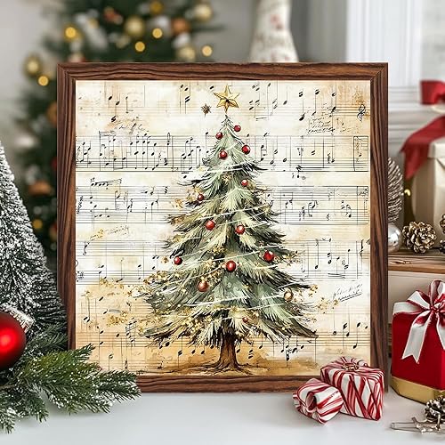 Miniatura 3 de Árbol de Navidad rústico, notas musicales, letrero de madera, con marco, arte de pared para decoración de habitación de Navidad, vacaciones,