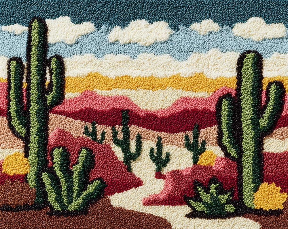 Kitquiver Latch Hook Kits for Adults Rug Cactus Desert DIY Crochet Yarn Embroidery Handmade Needlework with Printed Canvas for Home Decoration 39X55In