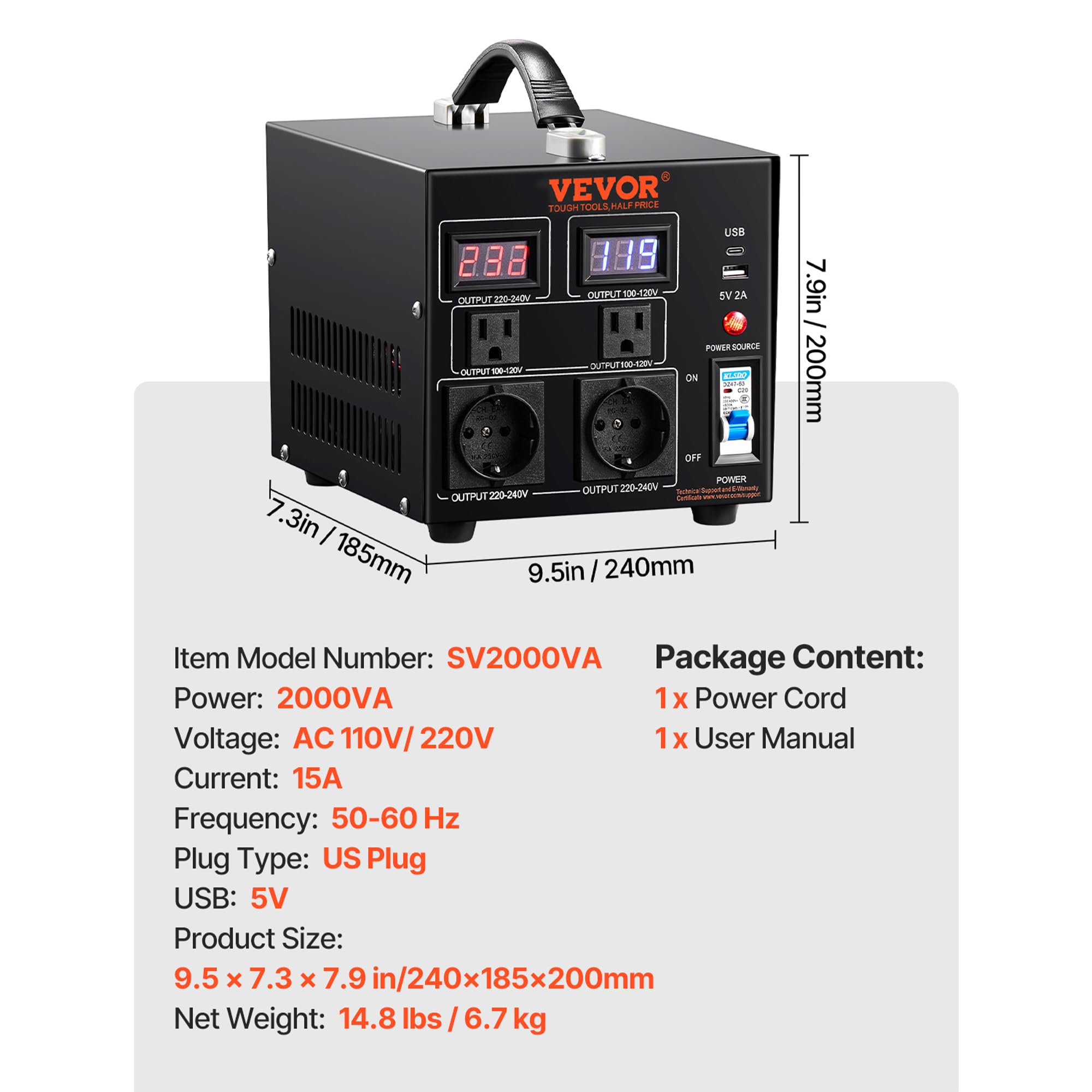 VEVOR 2000W Spannungswandler Transformator AC 110V⇋220V Transformer Wandler 2X US NEMA 5-15R 3-polige/2x standardmäßige europäische Shucko-Ausgangssteckdosen, 1x 5V-USB-Anschluss, 1x Typ-C-Buchse