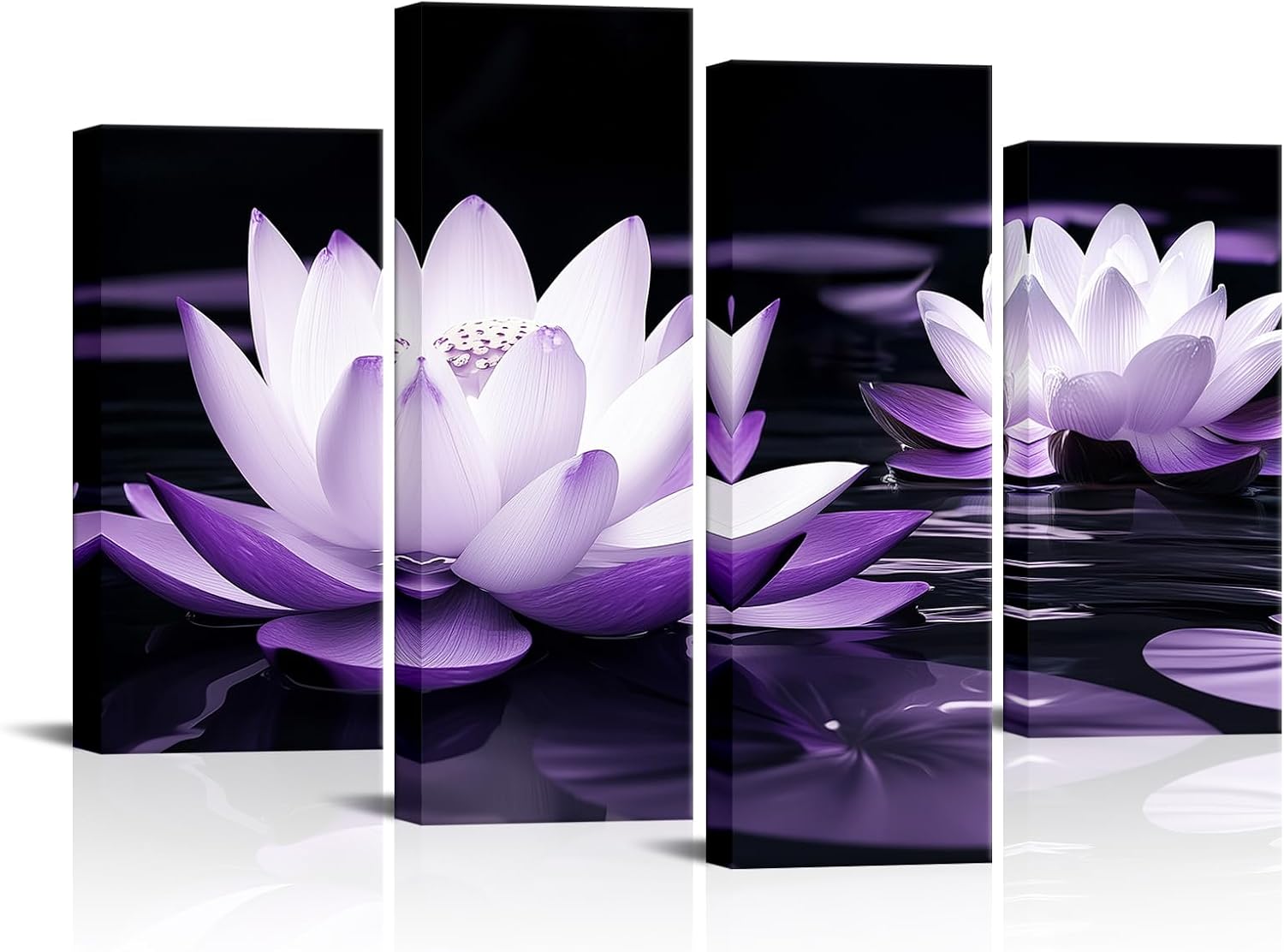 VANSEEING 4 Panel Purple Lotus Flower Wall Art Canvas Print Zen Decor Water Lily Floral Calming Modern Artwork Painting Spa Bathroom Wall Decor for Yoga Studio Meditation Living Room