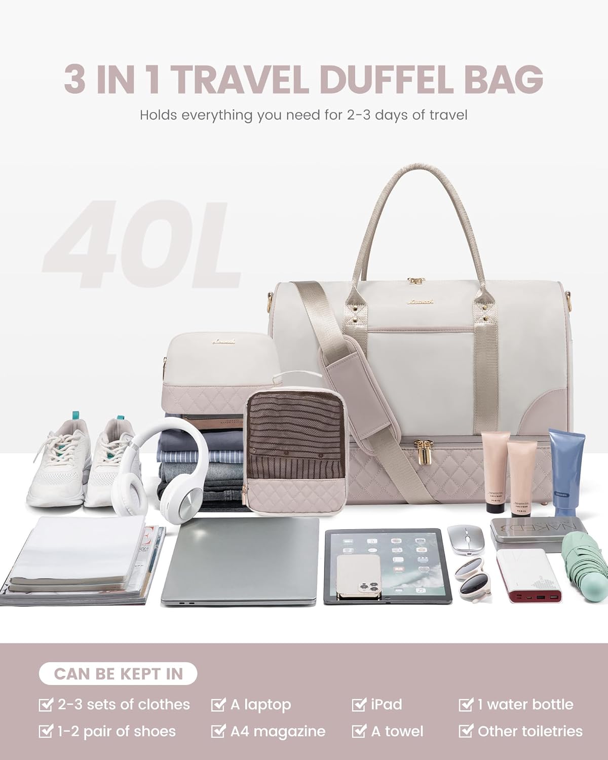 LOVEVOOK Travel Bag,Weekender Bag for Women Travel Duffle Bag with Shoe Compartment,Carry on Overnight Bag with Wet Pocket,Gym Yoga Duffel Bag,Hospital Bags for Labor and Delivery,3 Pcs Set