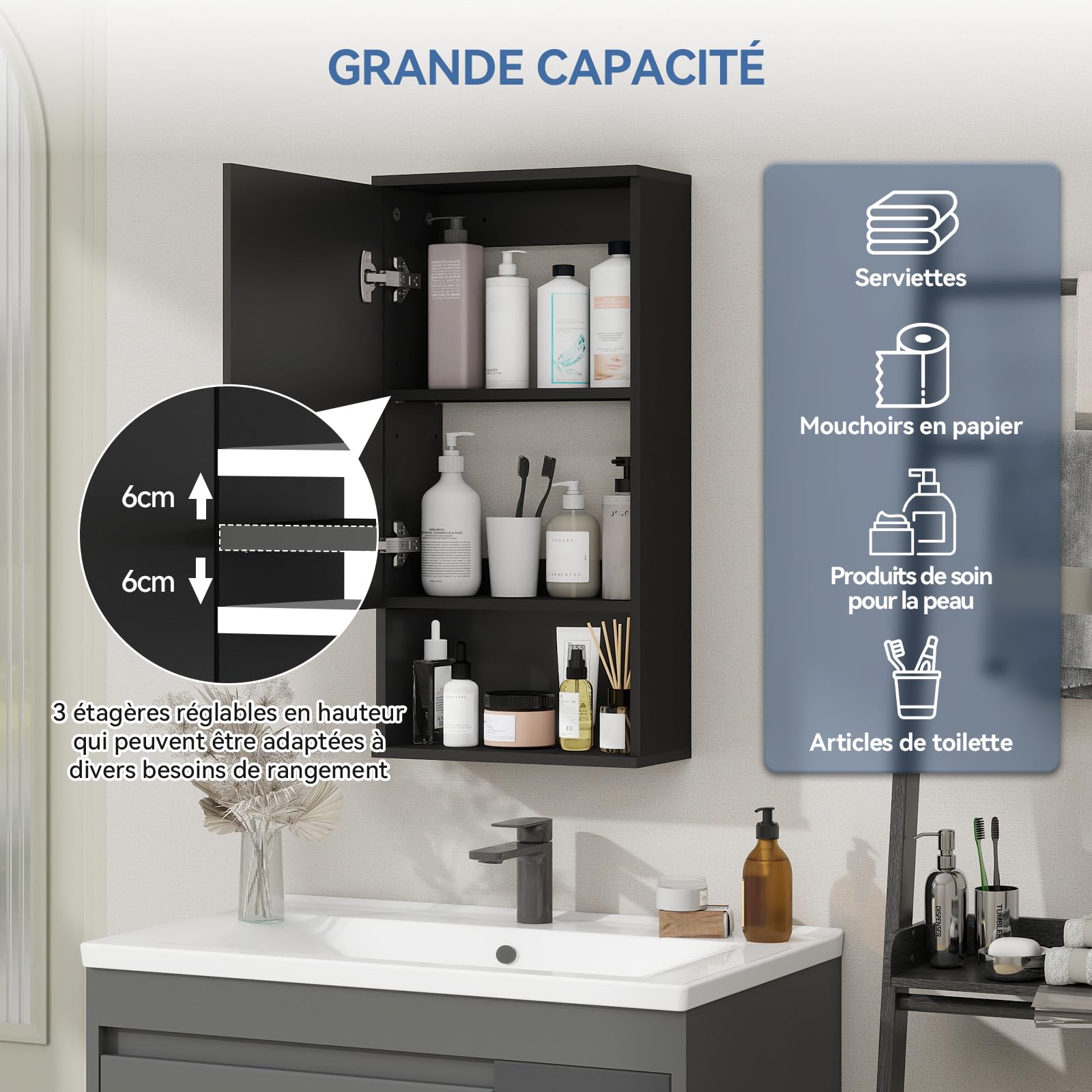 YU YUSING Meuble WC Étroit Suspendu 33x17x66 cm Porte Rainurée