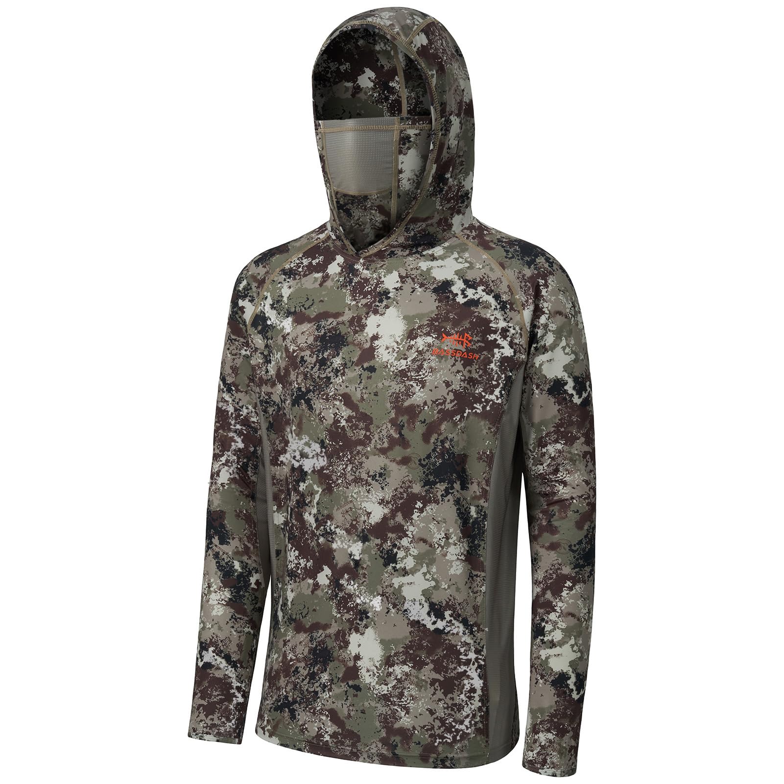BASSDASH Men's UPF 50+ Camo Long Sleeve Hunting Fishing Hoodie Shirt | Lightweight Moisture Wicking 4-Way Stretch Hoodie with Built-in Neck Gaiter & Mesh Panels, for Fishing Hiking Kayaking