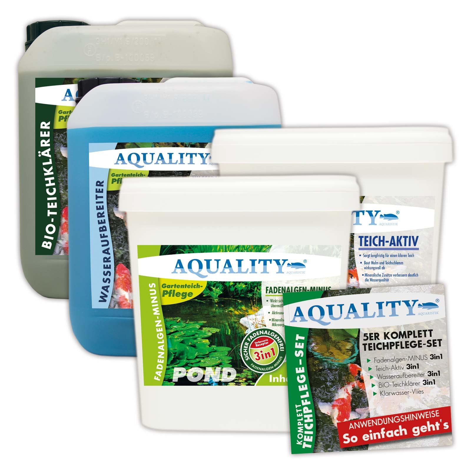 AQUALITY 5er Teichpflege Komplettset (Perfekte Gartenteich-Pflege. Wasseraufbereiter, Teichklärer, Teich-Aktiv und Fadenalgen-Vernichter + GRATIS Anwender-Fibel), Set-Größe:XXL Teichpflege-Set