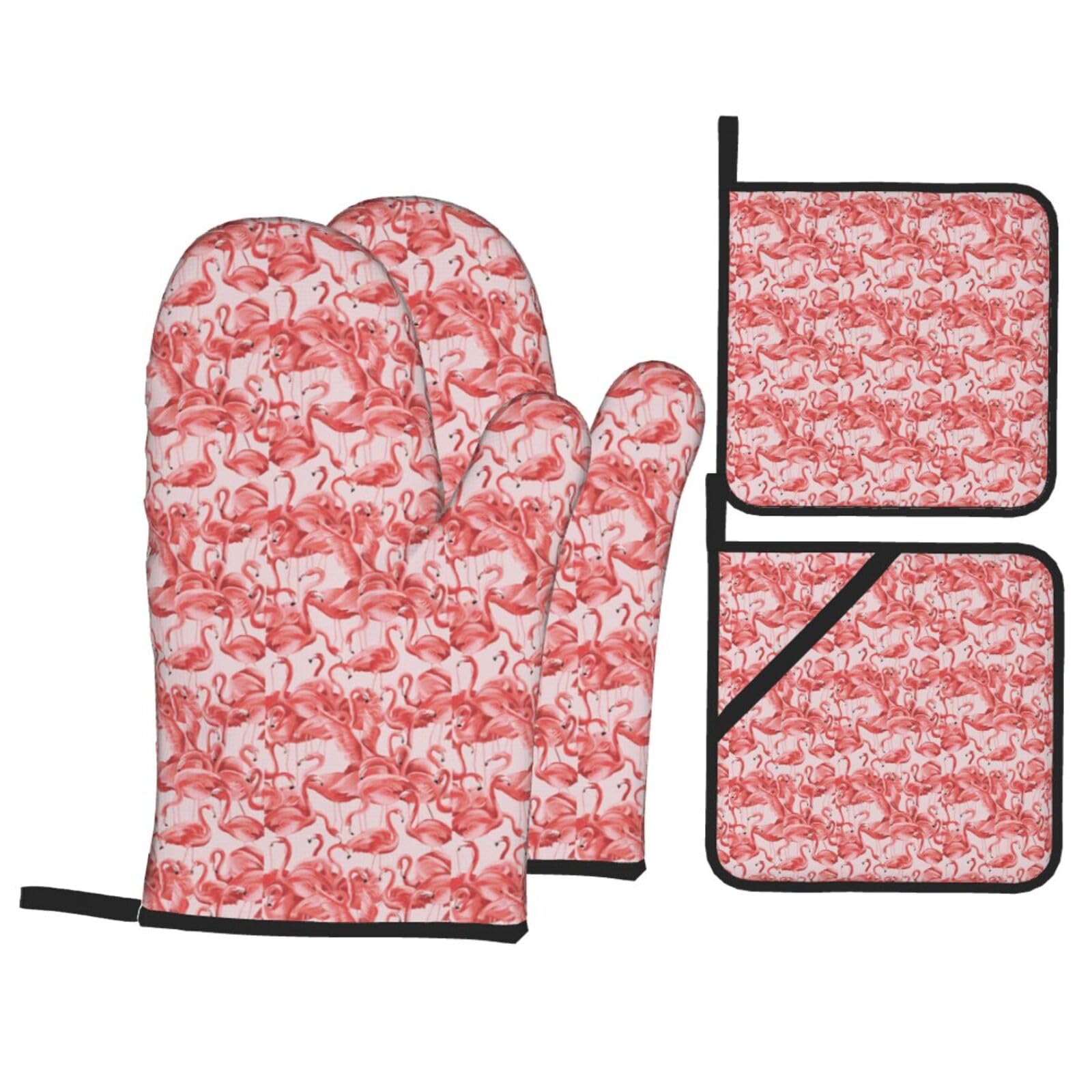 Flamingo Print Stylish Heat-Resistant Oven 4-Piece Set Kitchen Gloves Roasting Daily Cooking