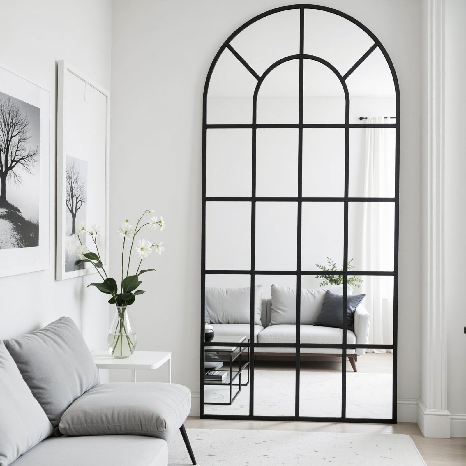 sawsile Window Pane Full Length Mirror,71"x 32" Black Arch Floor Standing Farmhouse Windowpane Oversize Full Body Large Grid Wall Mirror for Bathroom,Bedroom, Living Room, Entryway