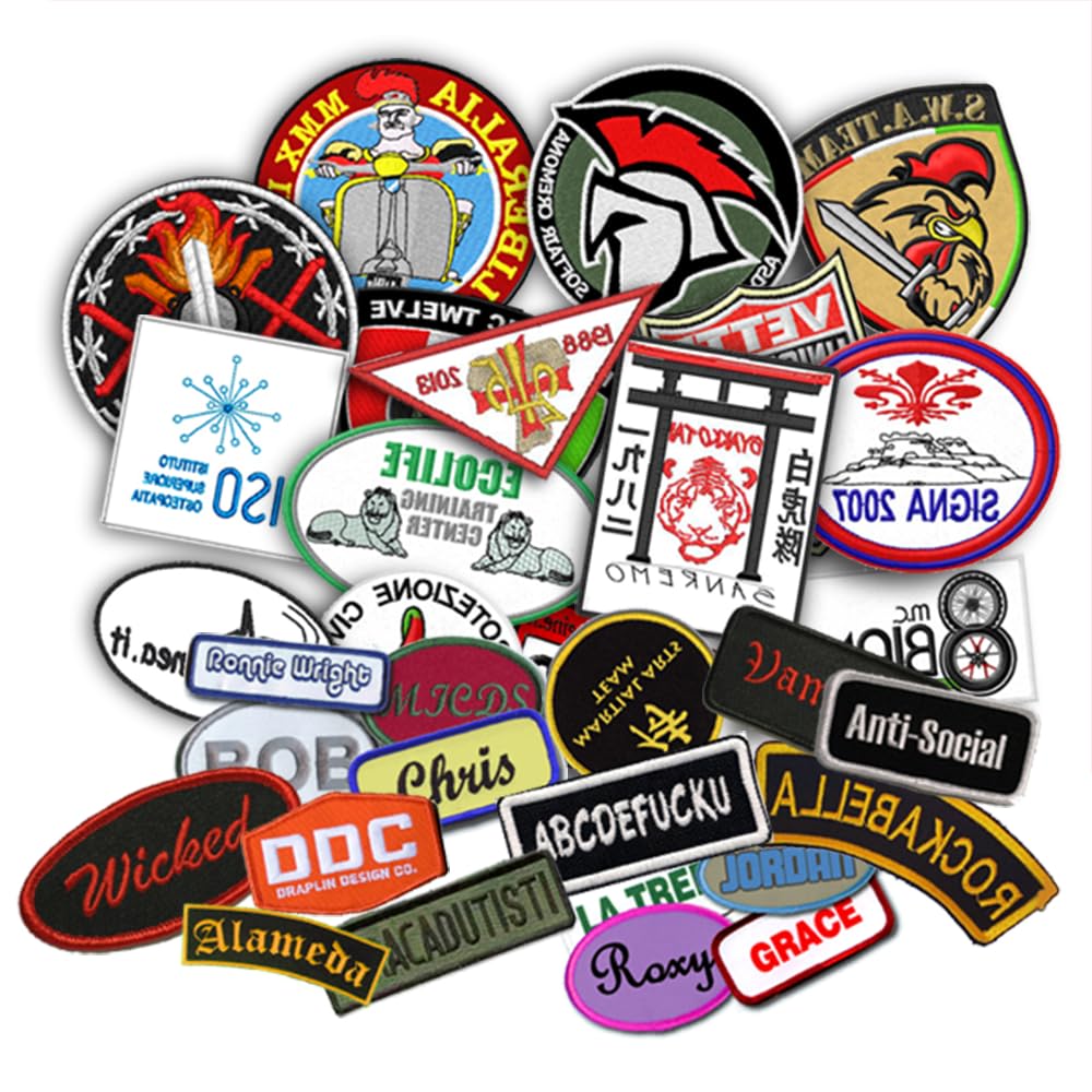 N. 50 Patch Toppe Ricamate Personalizzate con il Tuo Logo da Cucire, con Termoadesivo o con sistema di chiusura a strappo