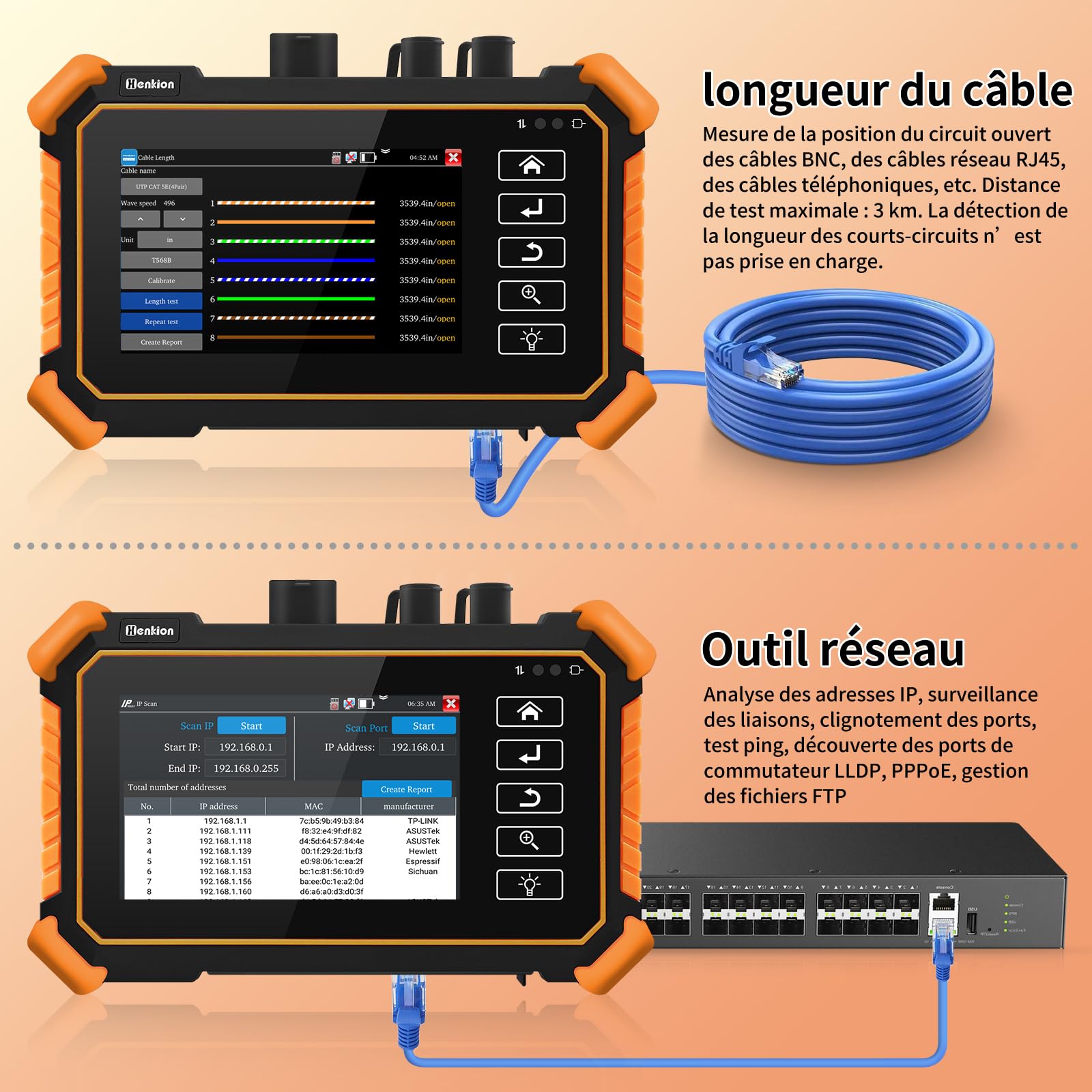 Henkion OTDR Fiber Optic Testeur de fibre optique 1610 nm 26 dB Prend en charge OPM, LS, OLS, VFL, carte d'événement, UTP/RJ45 TDR, testeur de câble de longueur, 8 adaptateurs de fibre, FTP/rapport