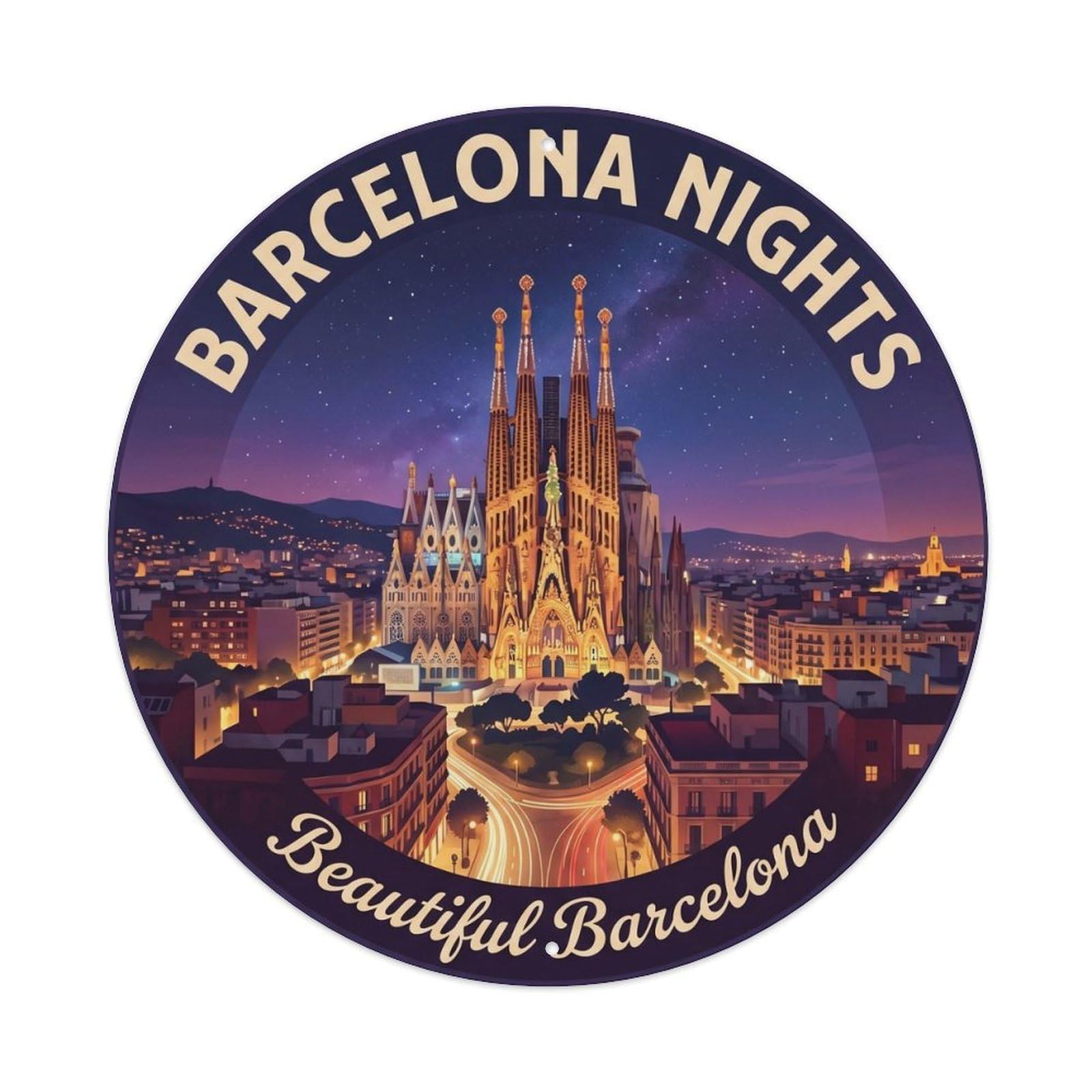 Barcelona Night Catalan Vintage Travel Heritage Cityscape Metal Tin Sign Plaque Wall Decor for Cafe, Man Cave, Club Bar, Office, Home Garden Round Metal Poster 8x8Inch