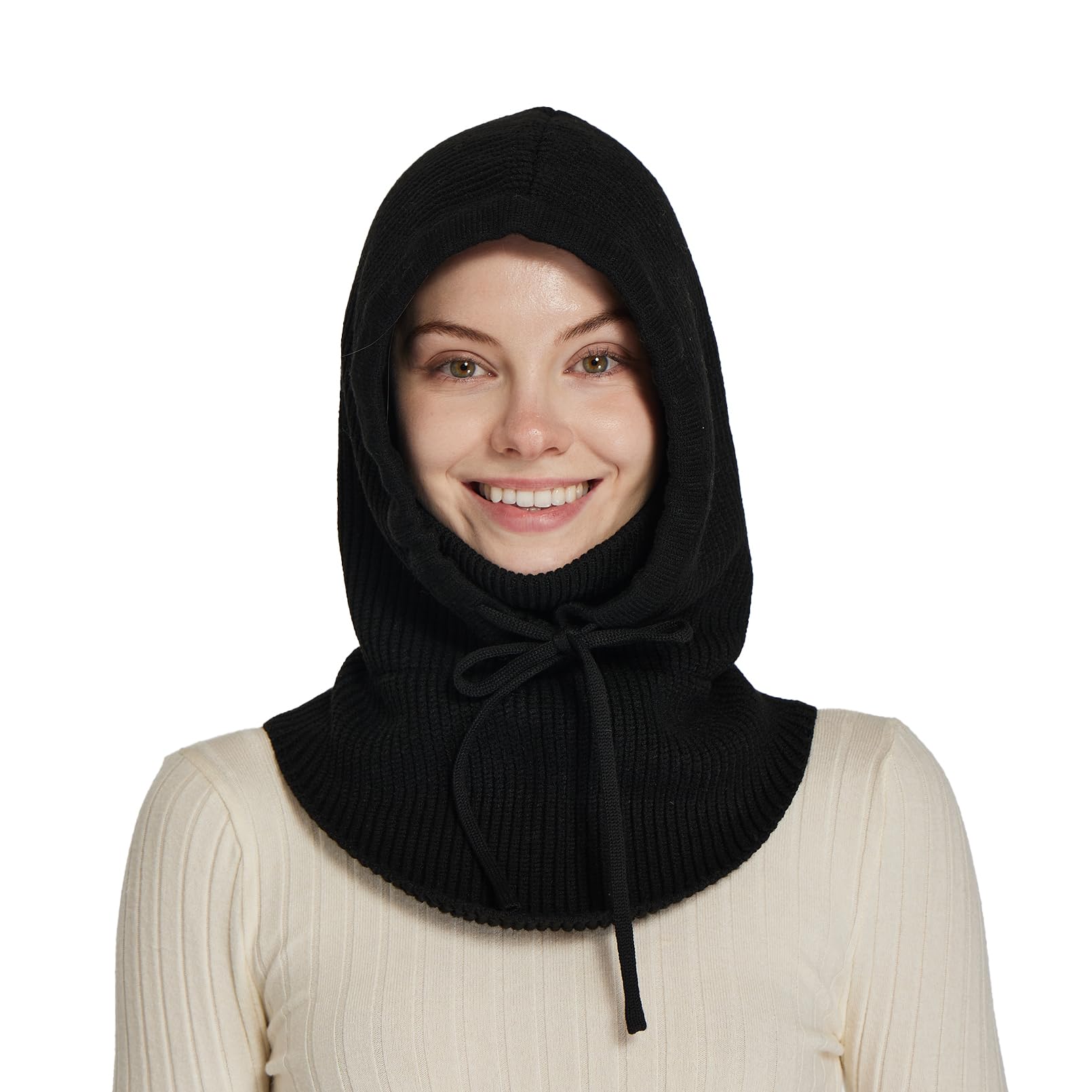 Facecozy Sturmhaube aus Strick für Damen Herren Wintermütze mit Gesichtsmaske Atmungsabweisende Ski-Maske Halstuch Mütze Damen Winter (Schwarz)