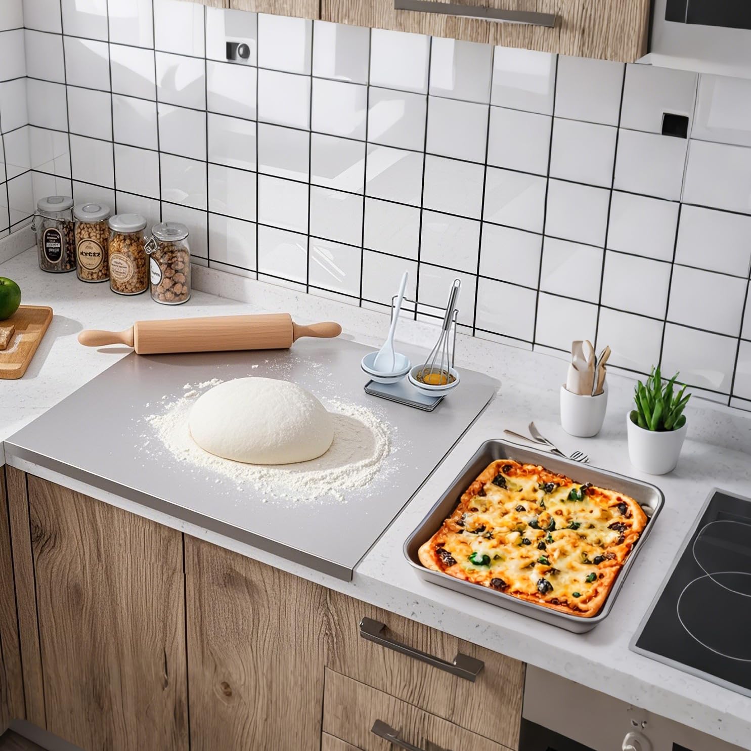 Tagliere in Acciaio Inox e Titanio, 40 x 30 cm, con Bordo di Bloccaggio, Spianatoia in Acciaio Inox Ideale per Cuocere, Impastare, Tagliare e Come Piano di Lavoro Cucina