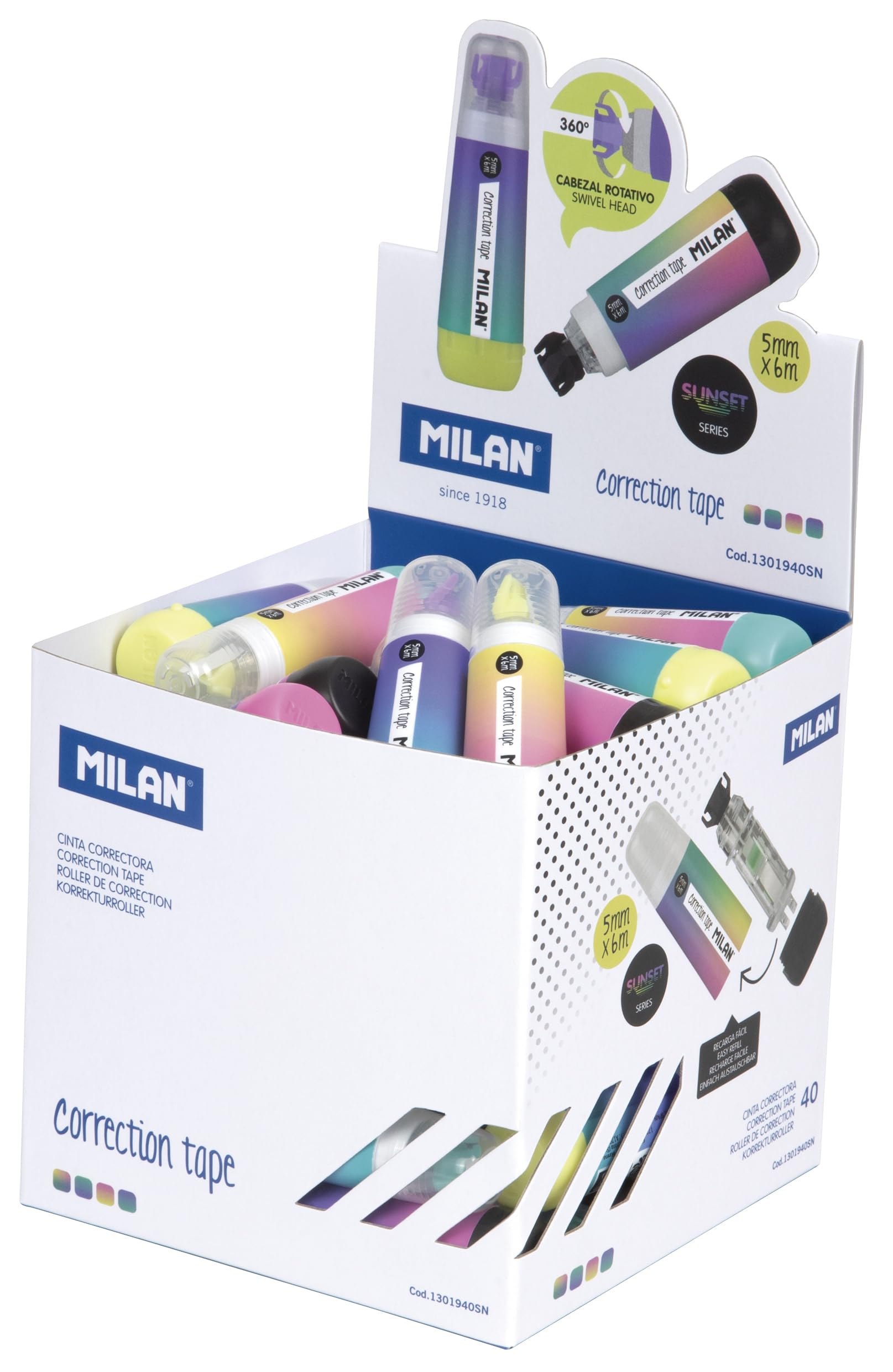 MILAN® Cubo expositor 40 cintas correctoras cilíndricas 5 mm x 6 m serie Sunset