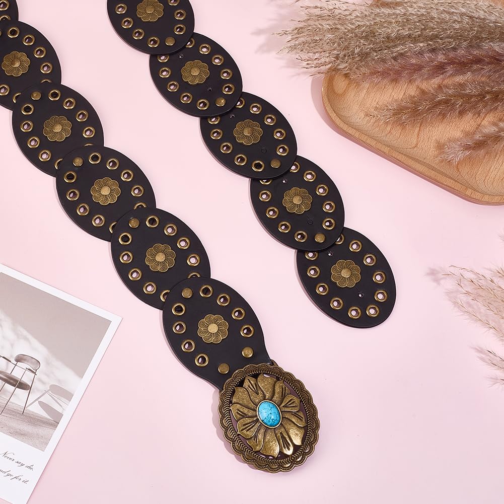 MAYJOYDIY Cinturón ancho de piel sintética para mujer, cinturón de disco bohemio ajustable turquesa para vestido de vaquera, jeans, viajes, fiesta de cumpleaños