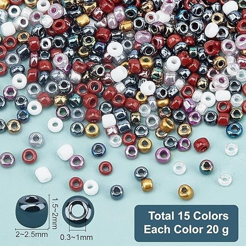 Miniatura 15 de NBEADS 15 colores 6/0 cuentas de semillas de vidrio, alrededor de 3000 cuentas redondas azules de poni de 0.15 pulgadas, cuentas sueltas para diseño