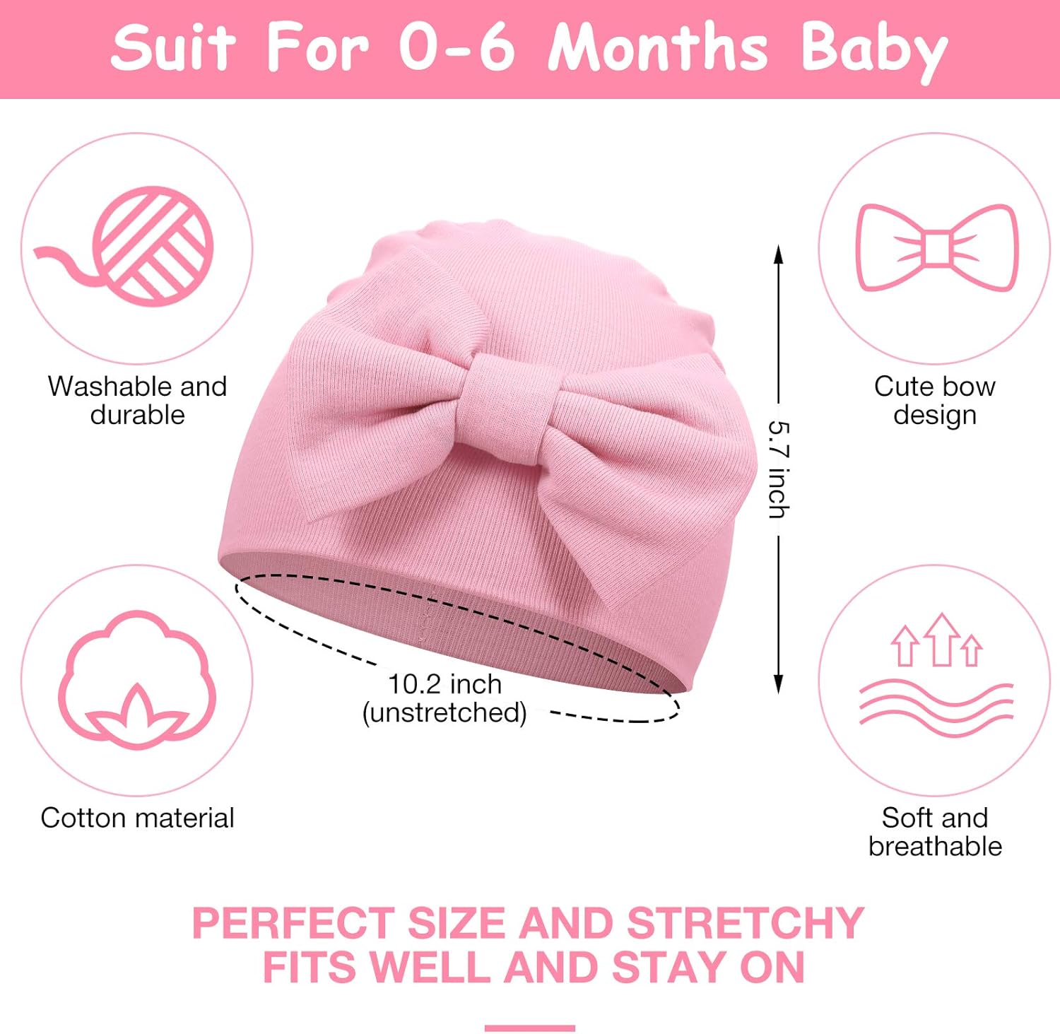 Geyoga 6 Pcs Newborn Hats Baby Beanie Cotton Hats Soft Newborn Baby Cap with Cute Bow for 0-6 Months Girls Unisex Baby - Image 3