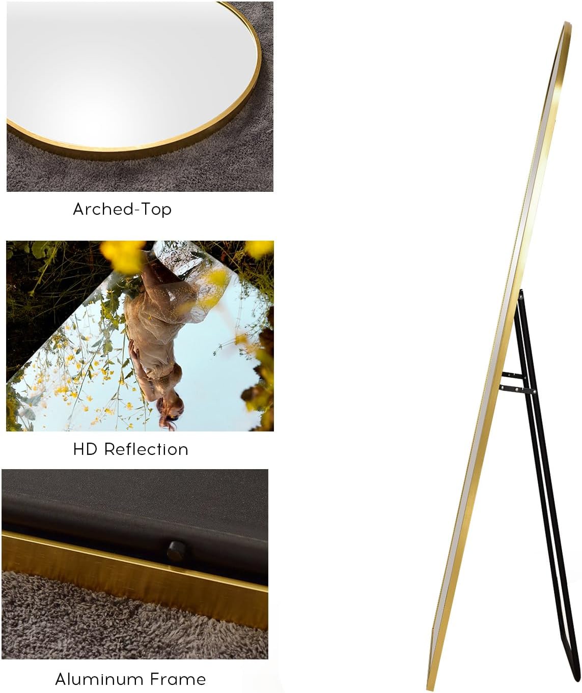 Floor Mirror, Oversized Full Length Mirror, Arched Mirror, Large Standing Mirror, Tall Mirror, Wall Mounted, FreeStanding, Giant Mirror, 77"×38", Aluminum Frame -Gold