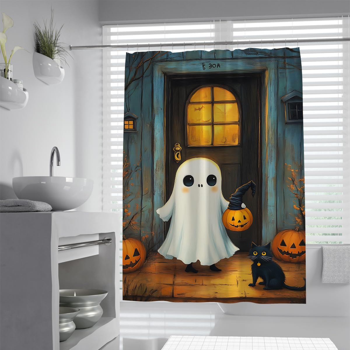 UIRINGART Cute Halloween Ghost Black Cat Bath Screen W180xL180cm Spooky Blue House Door Pumpkin Lantern Graphic Quick Drying Waterproof Shower Curtains for Walk-in Shower with Hooks