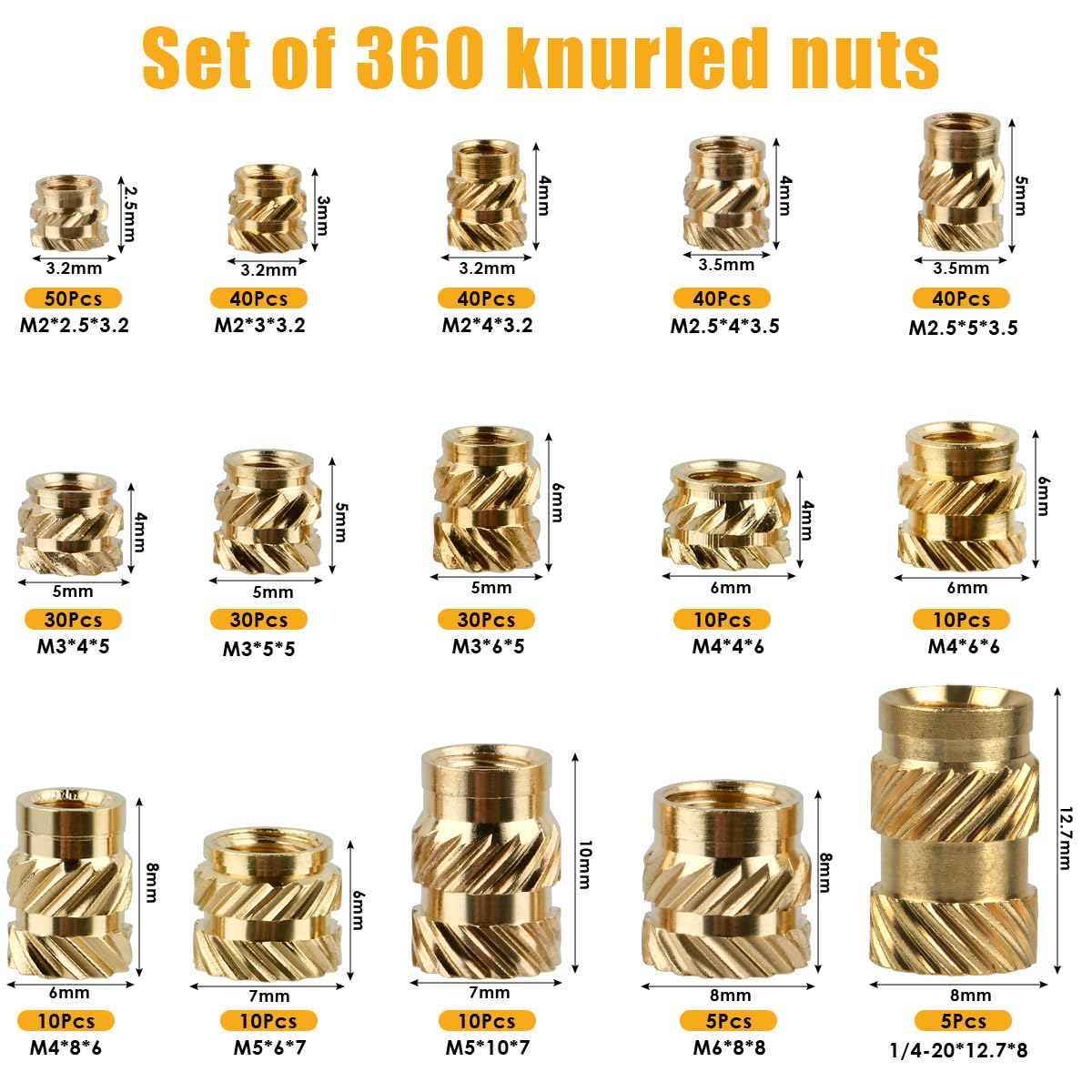 360Pcs Insertos Roscados, M2 M2.5 M3 M4 M5 M6 Tuercas de Insertos Roscados de Latón, Tuerca Insertables, Tuerca Moleteada, Roscado Inserción Tuercas Surtido Kit para Impresora 3D