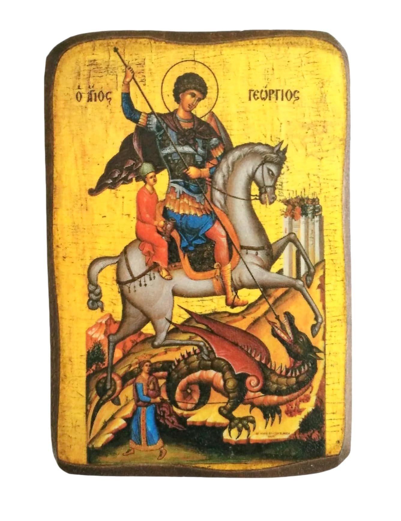 Wooden Greek Christian Orthodox Wood Icon of Saint George Riding His Horse and Slaying the Beast / A0