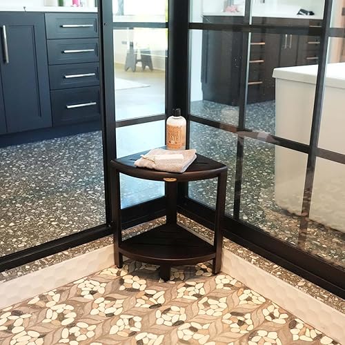 Miniatura 2 de Decoteak Teak Corner Shower Shelf – 2 Tier Waterproof Bathroom Storage Organizer Compact Wood Storage Water-Resistant Design Space Saver for