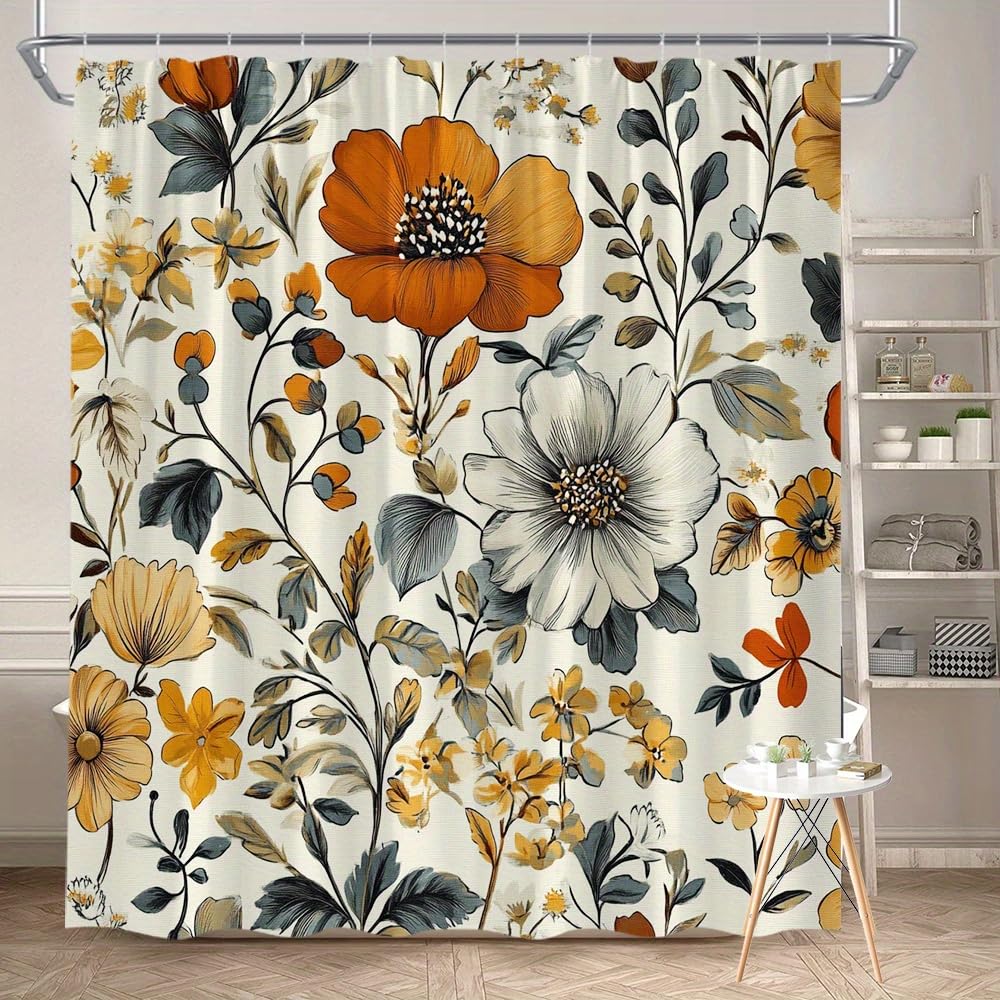 Glwdmb M-14 1 Piece 180X200cm Orange And White Blossoms Printed Shower Curtain With Hook, Polyester, For Windows And Walls, Bathtub, Bathroom, Machine Washable, All Season Universal