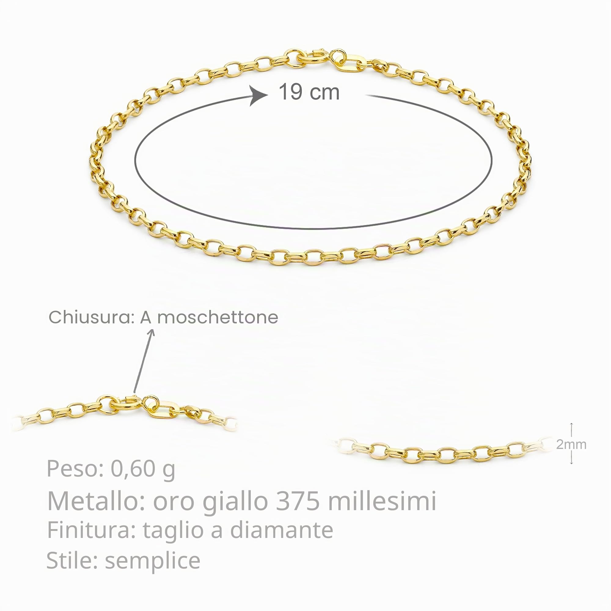 CARISSIMA Bracciale da donna in oro giallo 9 ct con catena belcher ovale forata da 2 mm e taglio diamante, 19 cm
