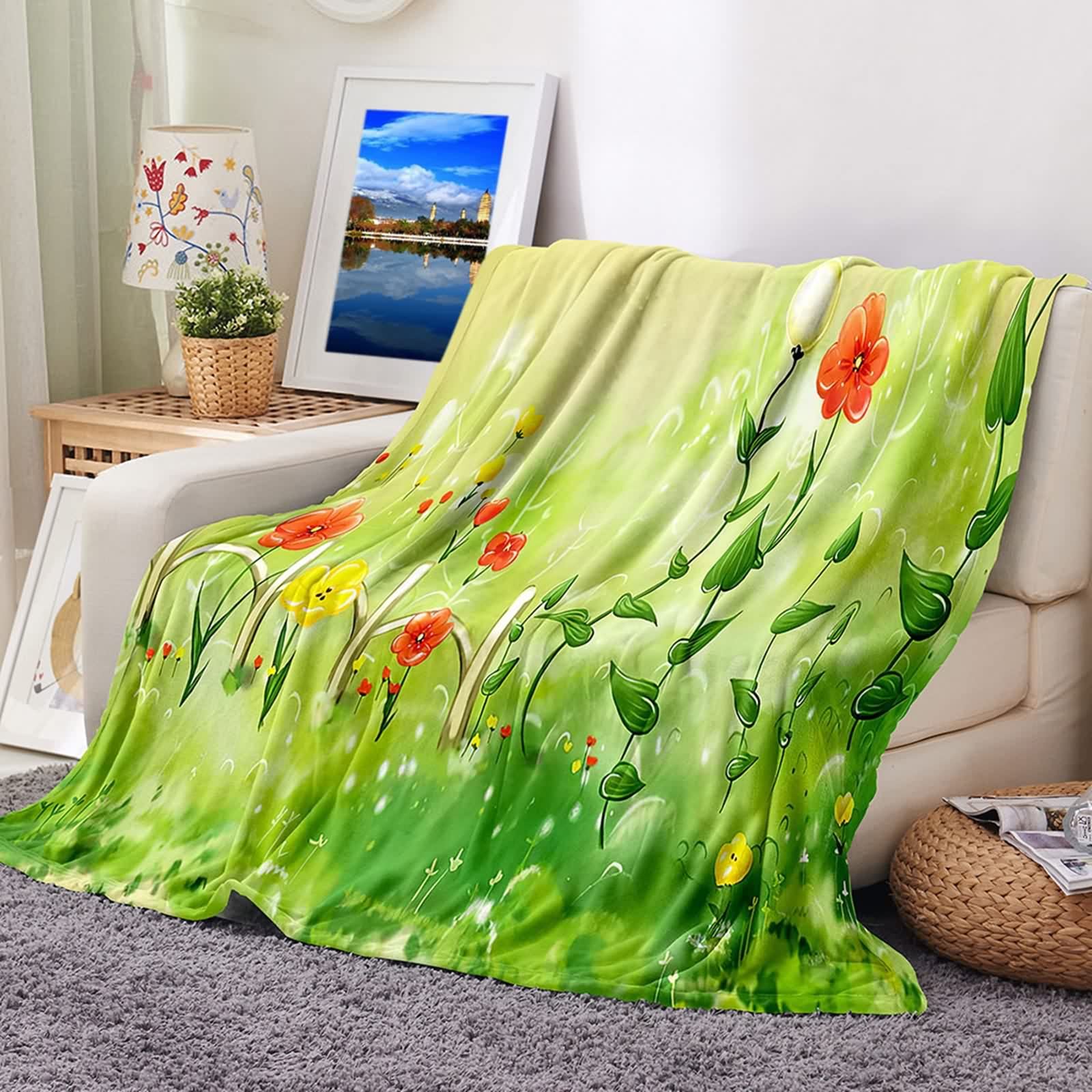 Couverture flannel isolante et douce 180x220cm à fleurs pour éliminer le froid du lit et canapé