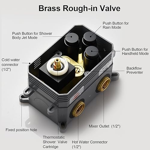 Miniatura 3 de Sistema de ducha Body Jet WHSHOWER con válvula termostática, grifo de lluvia combinado con doble función, 4 chorros corporales, cabezal de ducha LED