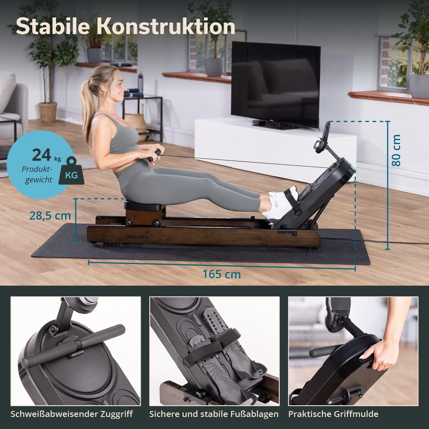 Skandika Rudergerät Rovek | Rudermaschine Holz, Rudergerät für Zuhause klappbar, Magnetwiderstand mit 32 Stufen, Kinomap App kompatibel, aufstellbar, bis 195 cm