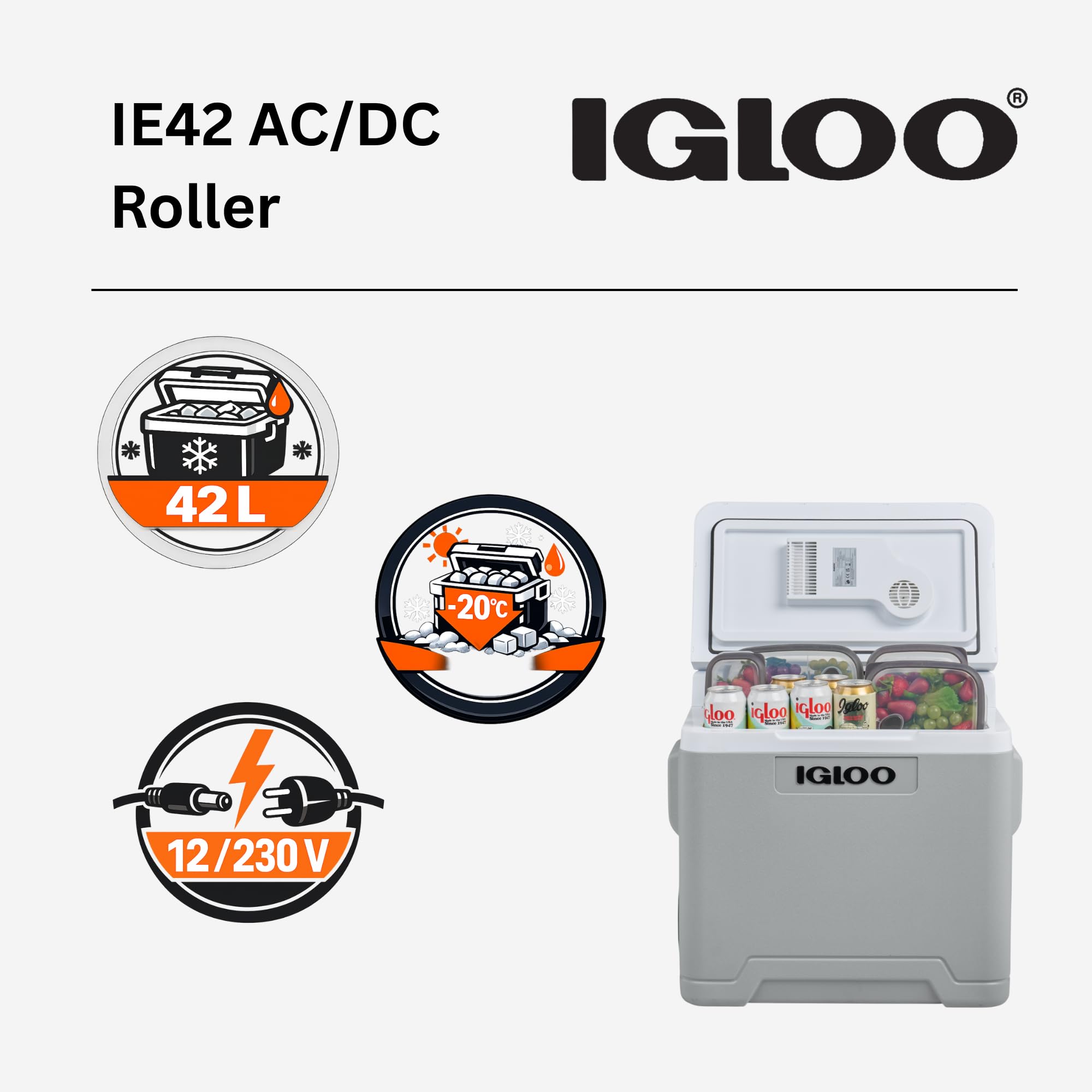 IGLOO IE42 AC/DC elektryczna lodówka podróżna 42 litry, mini lodówka do samochodu i gniazdka, 12 V i 230 V, szara, na kemping, czas wolny, festiwale i na świeżym powietrzu