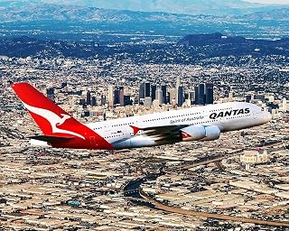 COMPLIANCE ASSISTANCE Qantas Airlines Airbus A380-800 over Los Angeles - 24x36 Inch Glossy Laminated Aviation Poster - Stunning Detail and Bold Color