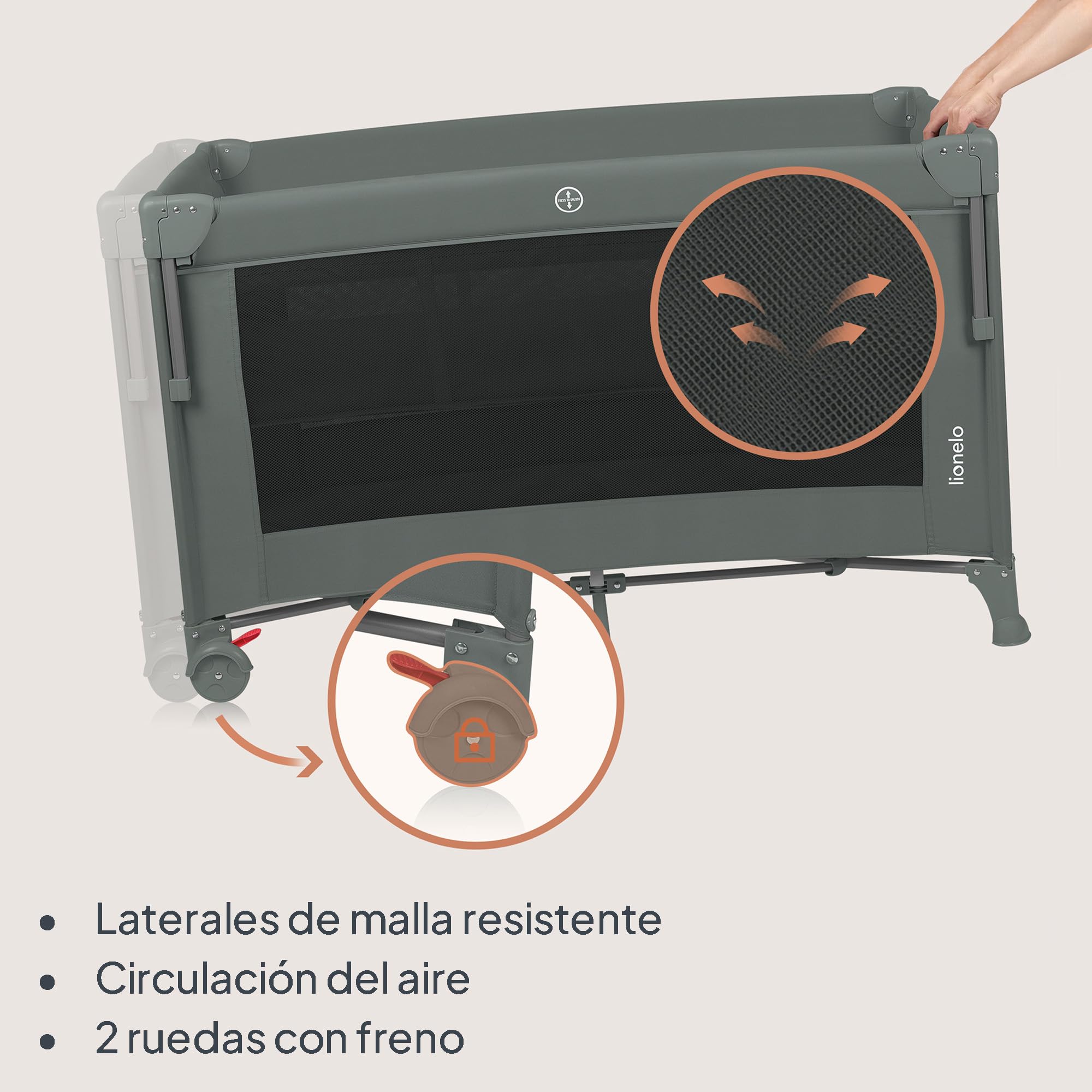 LIONELO ELLEN Cuna de viaje 3 en 1 de 0 a 3 años, Cuna Colecho para Recién Nacidos y Mayores hasta 15 kg, 2 Alturas de Colchón, Correas de Amarre, Entrada Lateral con Cremallera, 2 Ruedas Bolsa