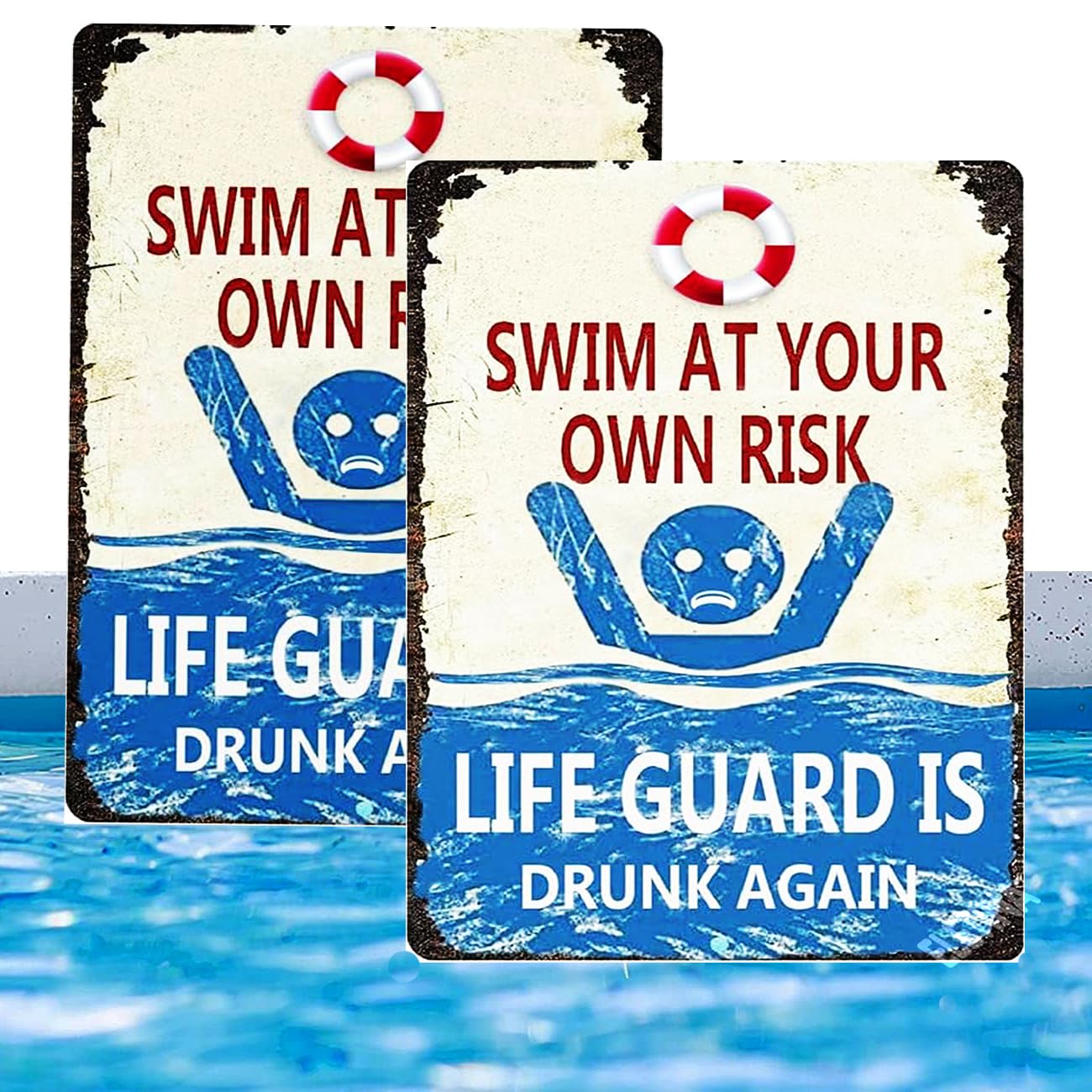 Warning Sign,Pool Rules Sign,Retro Metal tin Sign 2Pack Swim At Your Own Risk Lifeguard Is Drunk Again Sign Pool Safety Sign 8