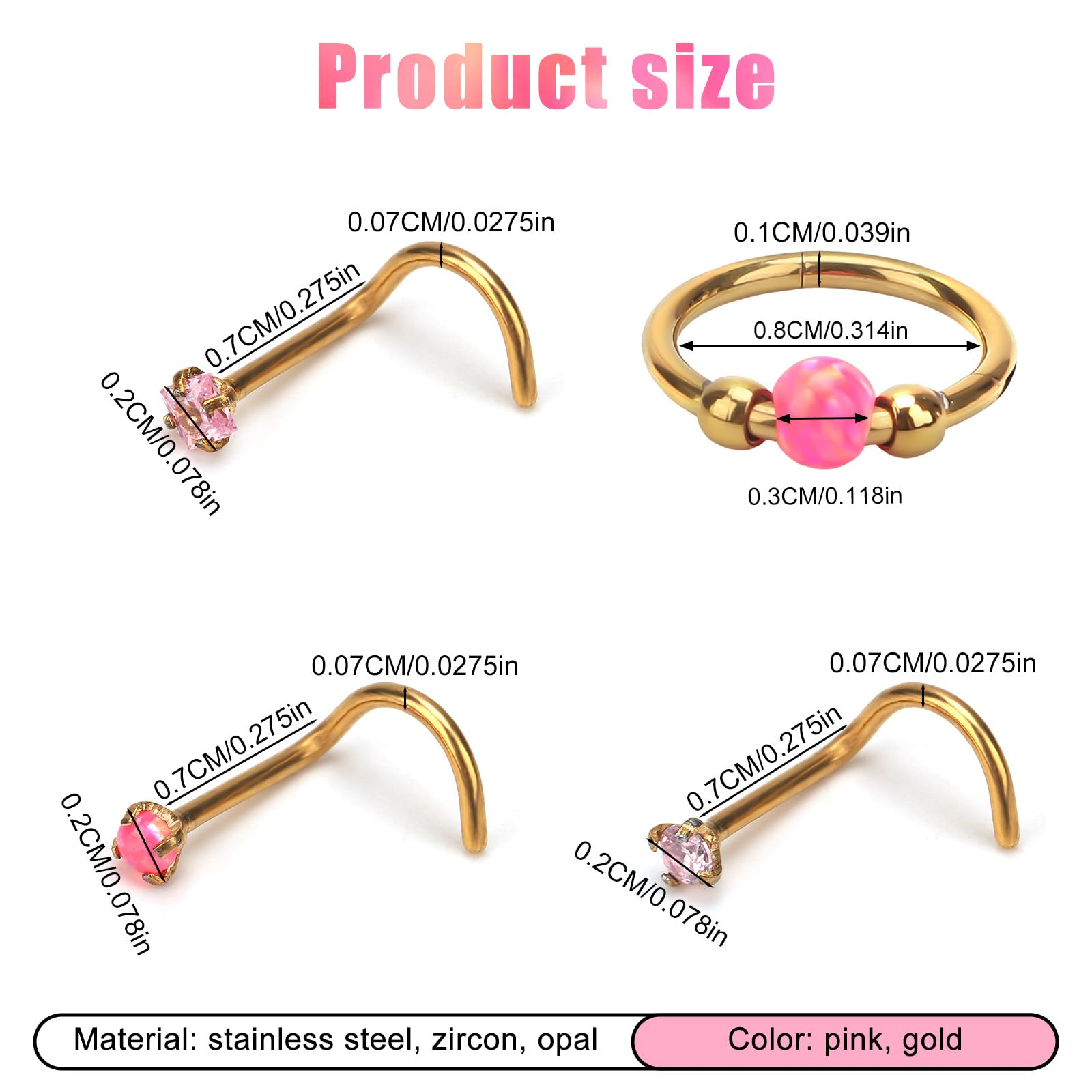 Mikovivi 4 Szt Kolczyków Nosa, Kolczyki Nosowe Kształcie Litery L Segmentowe Pierścionki Nierdzewnej Zawiasem Zatrzaskiem dla Nozdrzy Przegrody Chrząstki Helix Rook Płatka Ucha (Różowy)