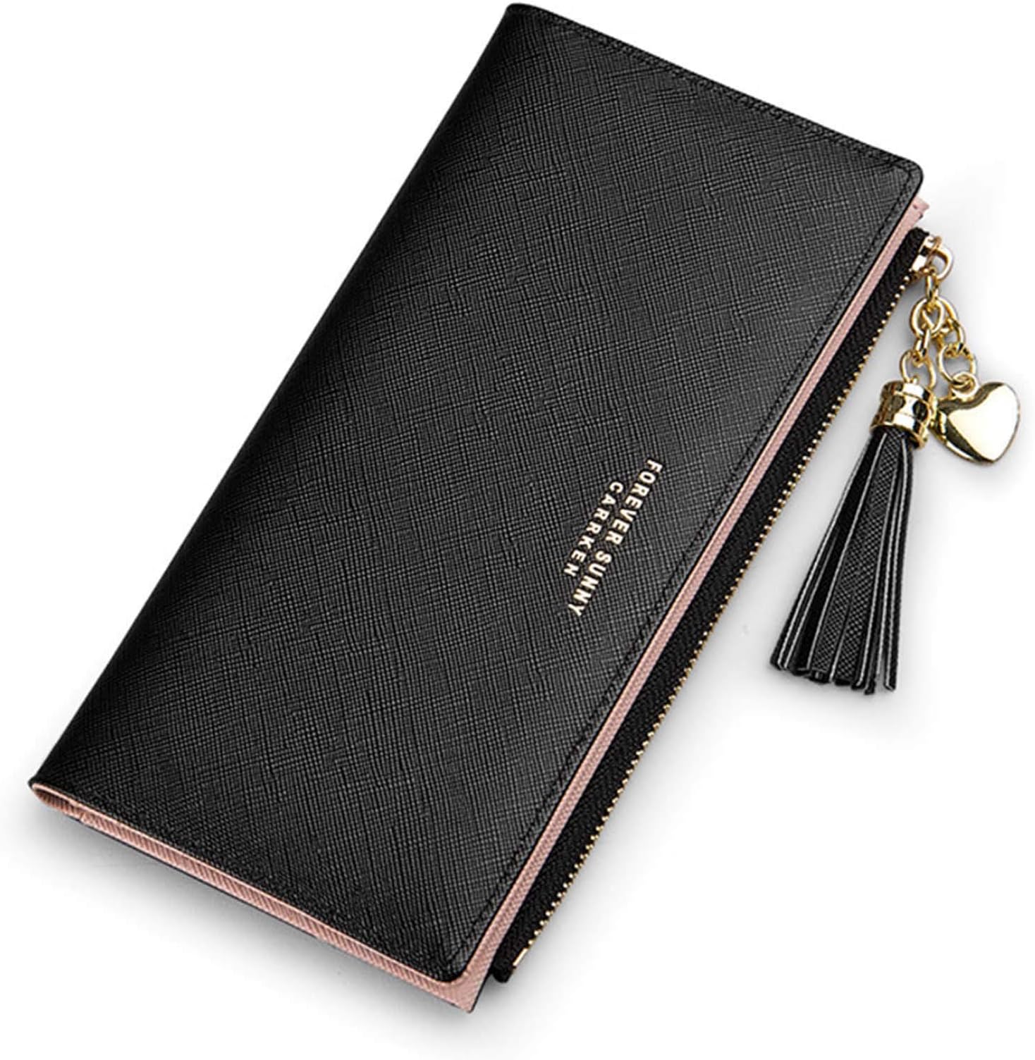 SUMGOGOSlim Wallet for Women Long Tassel Zipper Clutch Purse Handbag Card Case Wallet, Black, LARGE, Minimalist