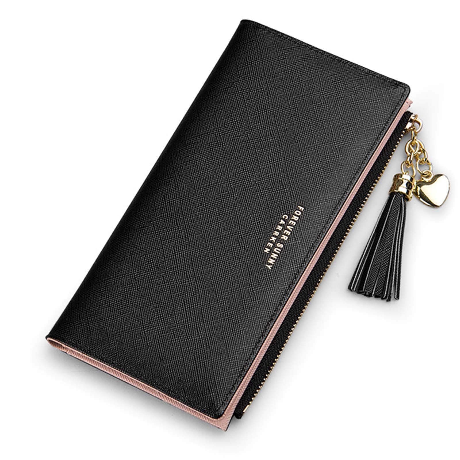 SUMGOGOSlim Wallet for Women Long Tassel Zipper Clutch Purse Handbag Card Case Wallet, Black, LARGE, Minimalist